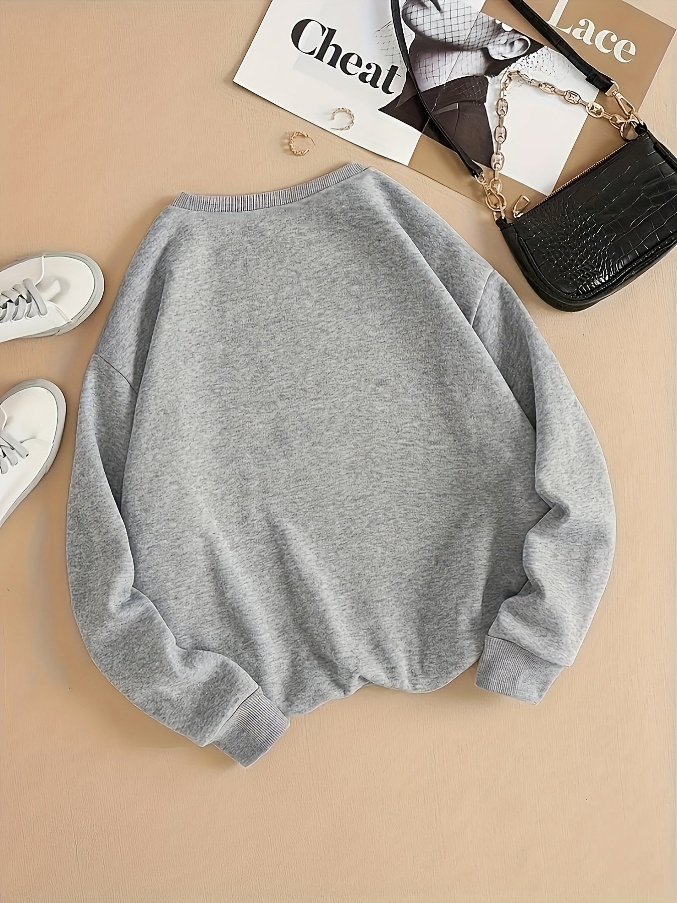 gbolsos Finger Heart Print Sweatshirt, Casual Long Sleeve Crew Neck Sweatshirt For Fall & Winter, Women's Clothing