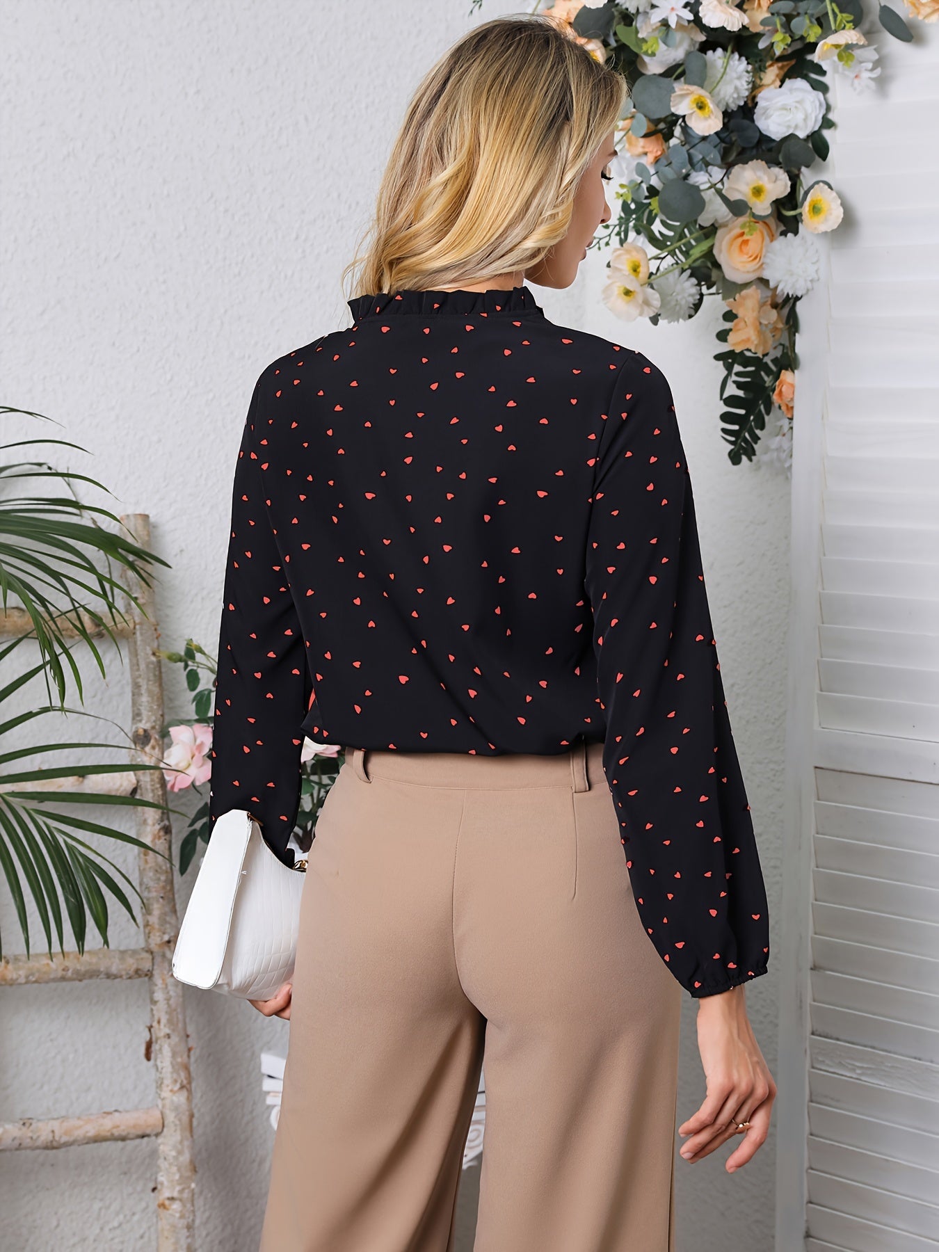 gbolsos Confetti Heart Print Blouse, Elegant Tie Front Long Sleeve Blouse, Women's Clothing