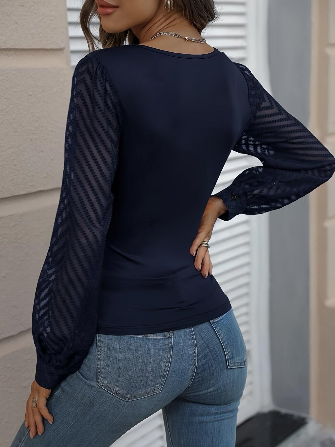 Mesh Stitching Surplice Neck T-Shirt, Casual Long Sleeve Top For Spring & Fall, Women's Clothing