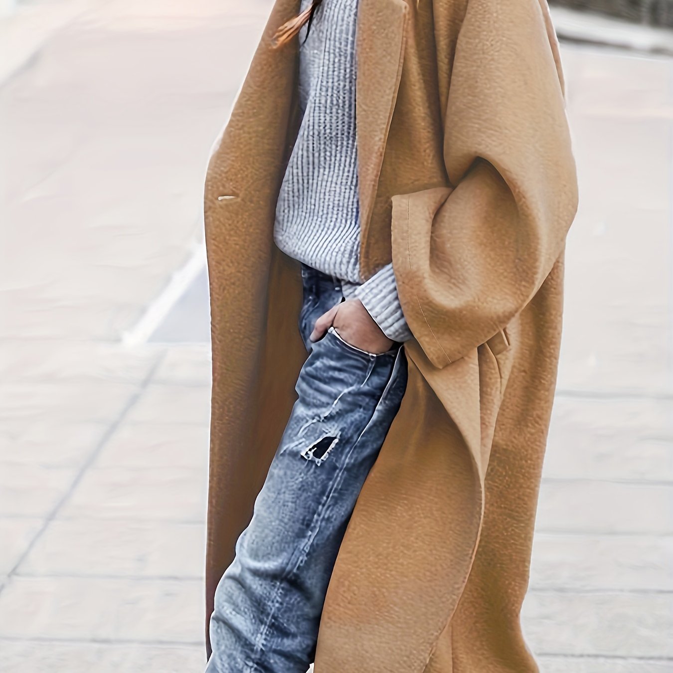 gbolsos Plus Size Elegant Coat, Women's Plus Solid Long Sleeve Lapel Collar Single Breasted Longline Overcoat