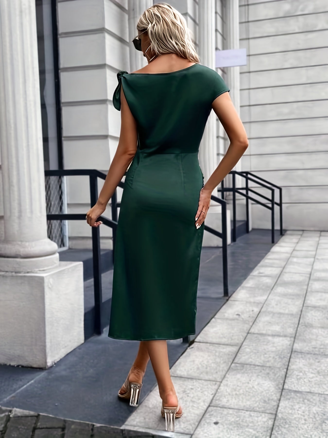 gbolsos Ruched Asymmetrical Knot Shoulder Dress, Casual Irregular Hem Dress For Spring & Summer, Women's Clothing