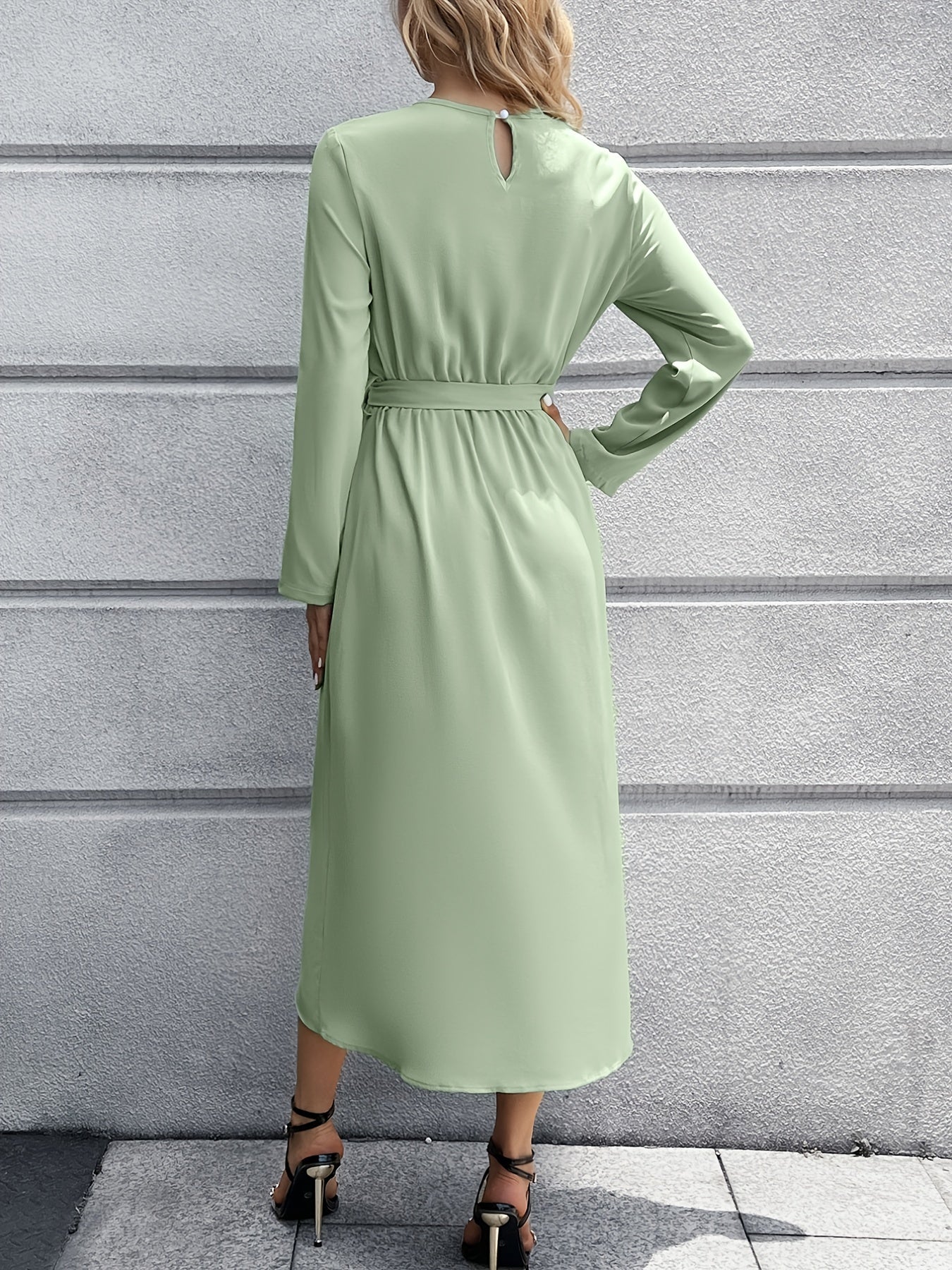 Elegant Solid Tie Front Dress, Crew Neck Long Sleeve Dress, Casual Every Day Dress, Women's Clothing