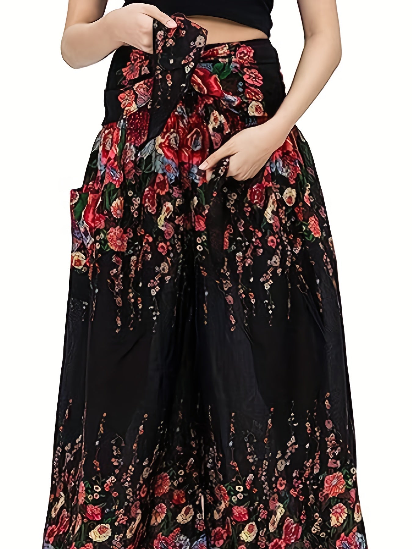 Plus Size Boho Pants, Women's Plus Floral Print High Rise Wide Leg Trousers With Belt