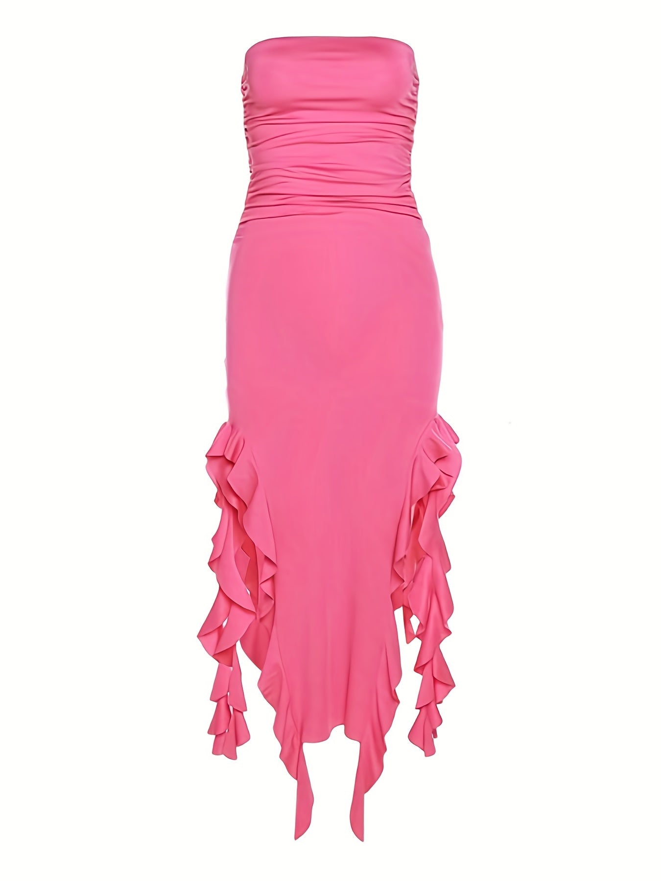 Ruffle Trim Tube Dress, Sexy Split Summer Solid Party Dress, Women's Clothing