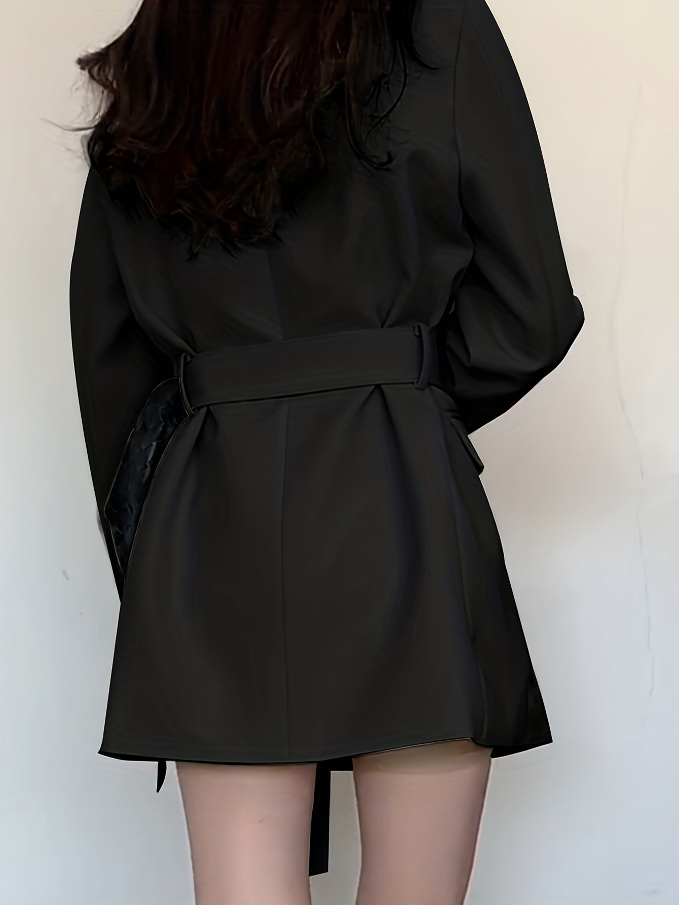 gbolsosSolid Tie-waist Lapel Blazer, Elegant Long Sleeve Outerwear For Work & Office, Women's Clothing