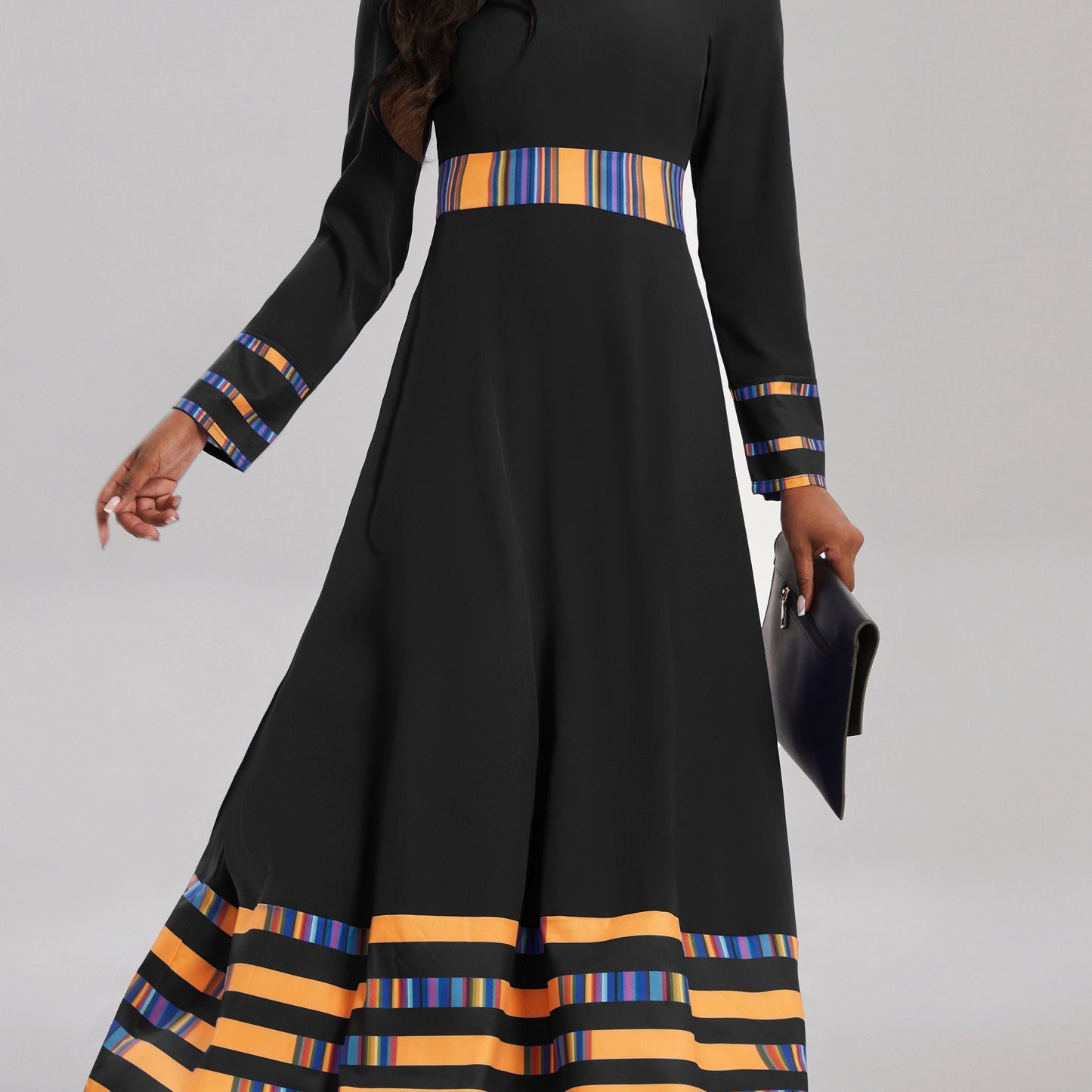 gbolsos Striped & Color Block Ankle Dress, Casual Crew Neck Long Sleeve Dress, Women's Clothing