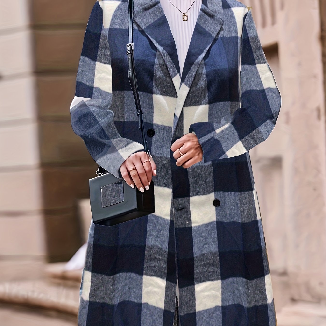 solvbao Plus Size Casual Trench Coat, Women's Plus Plaid Print Double Breasted Long Sleeve Lapel Collar Long Trench Coat