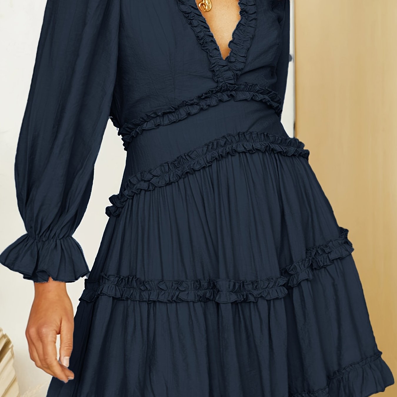 gbolsos Deep V Neck Ruffle Dress, Cut Out Long Sleeve Casual Dress For Spring & Fall, Women's Clothing