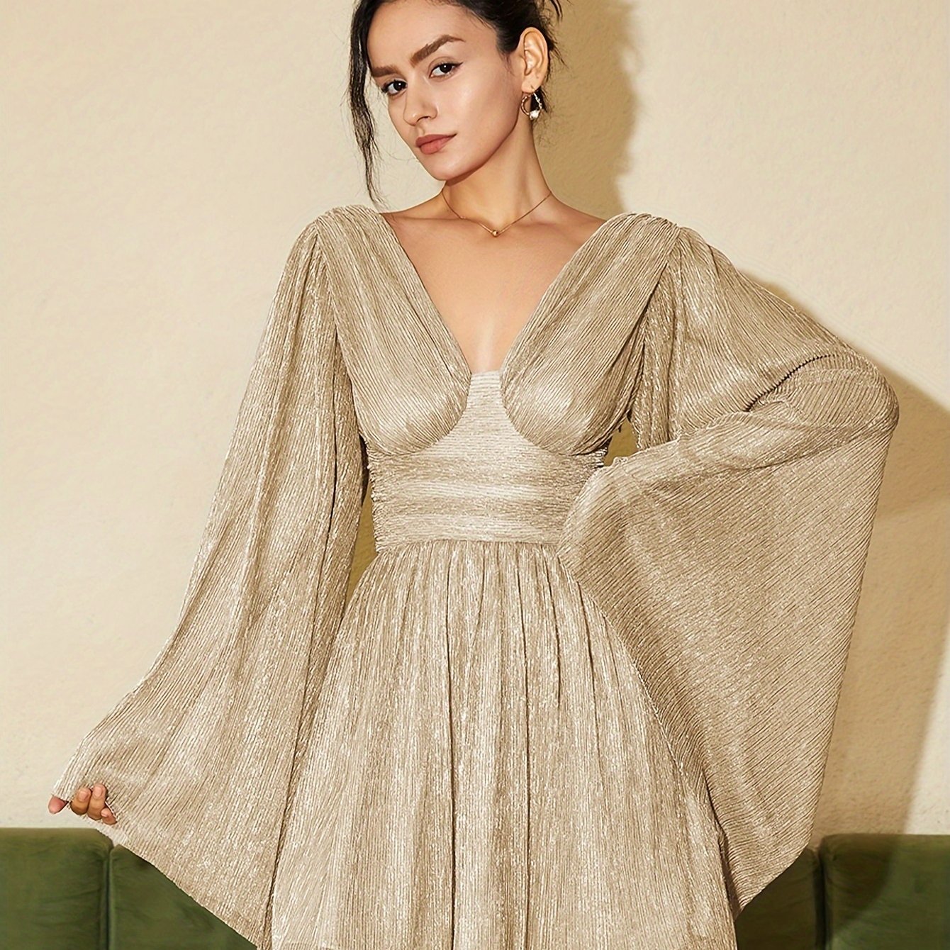 gbolsos Solid Deep V-neck Ruffle Dress, Elegant Flare Sleeve Slim Cut Out Dress For Spring & Fall, Women's Clothing