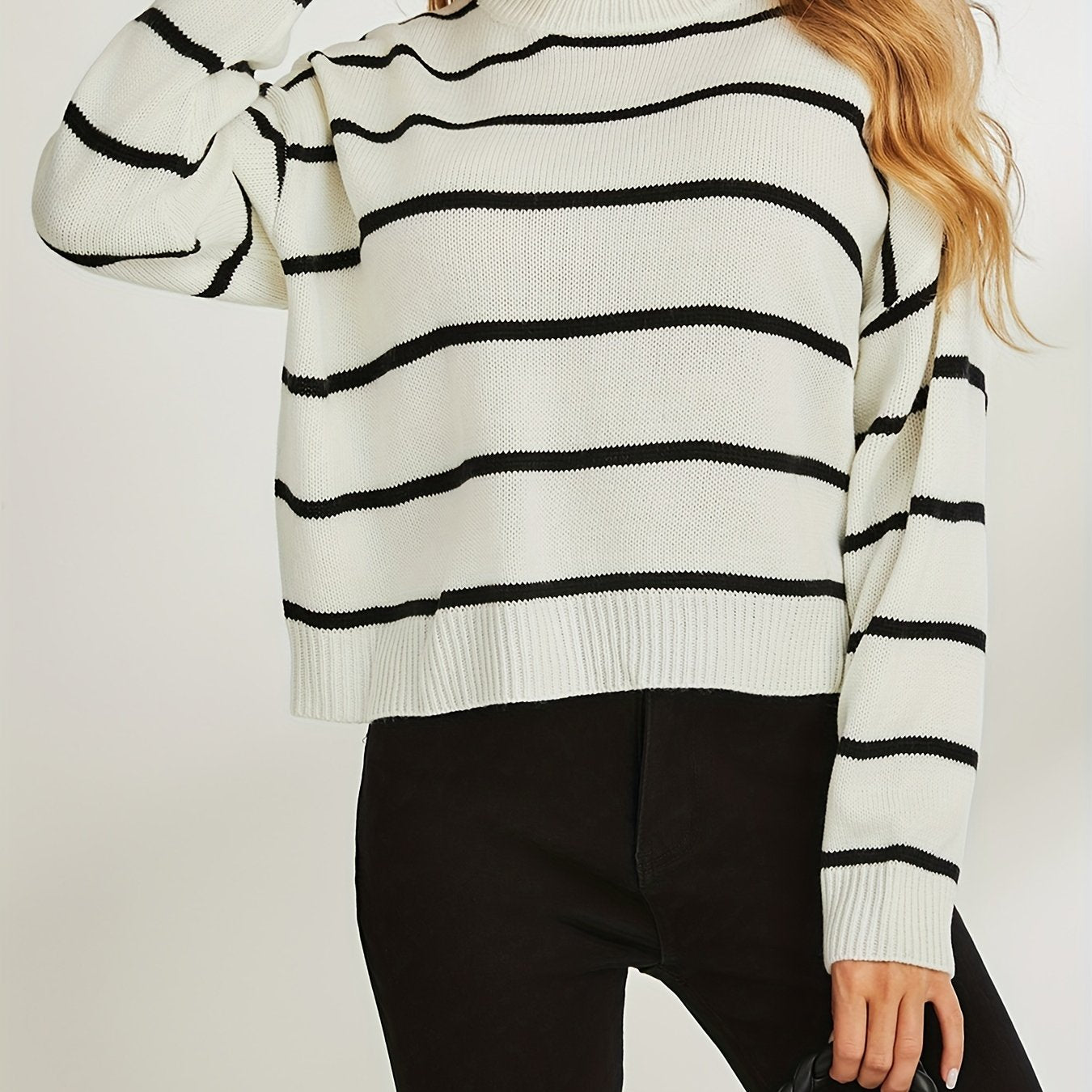 Stripe Print Drop Shoulder Knit Sweater, Casual Crew Neck Long Sleeve Pullover Sweater, Women's Clothing