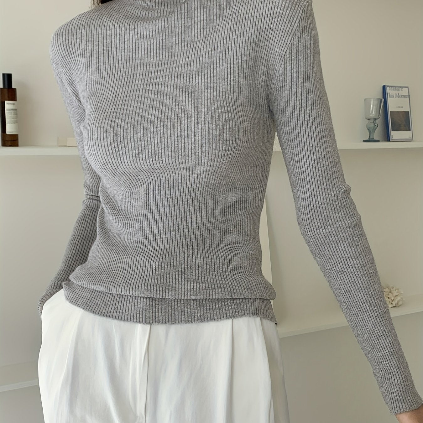 gbolsos Women's Sweater Turtleneck Solid Ribbed Long Sleeve Slim Pullover Knit Tops