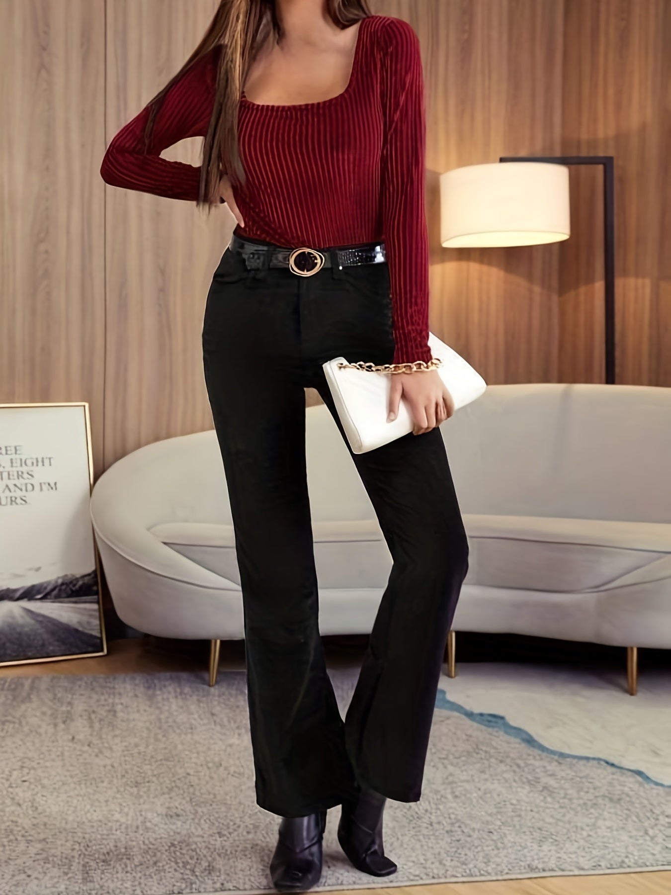 Solid Ribbed Velvet T-Shirt, Elegant Long Sleeve Top For Spring & Fall, Women's Clothing