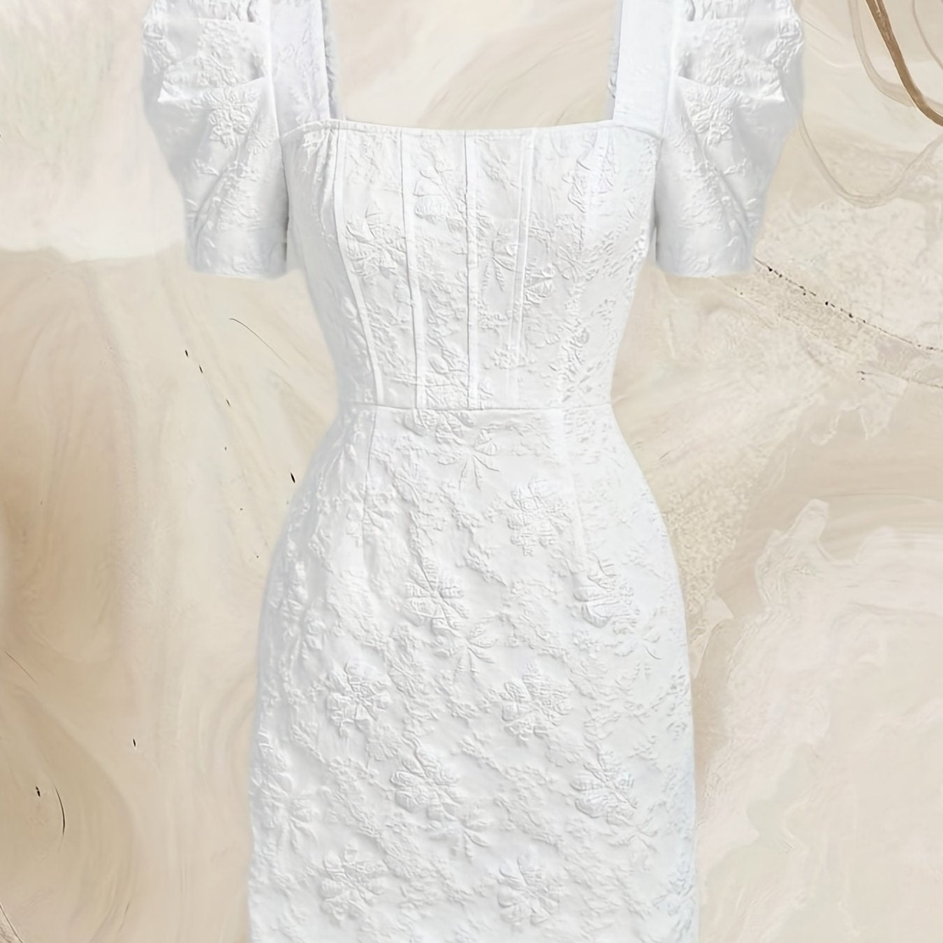 Solid Color Puff Sleeve Dress, Elegant Square Neck Dress For Spring & Summer, Women's Clothing