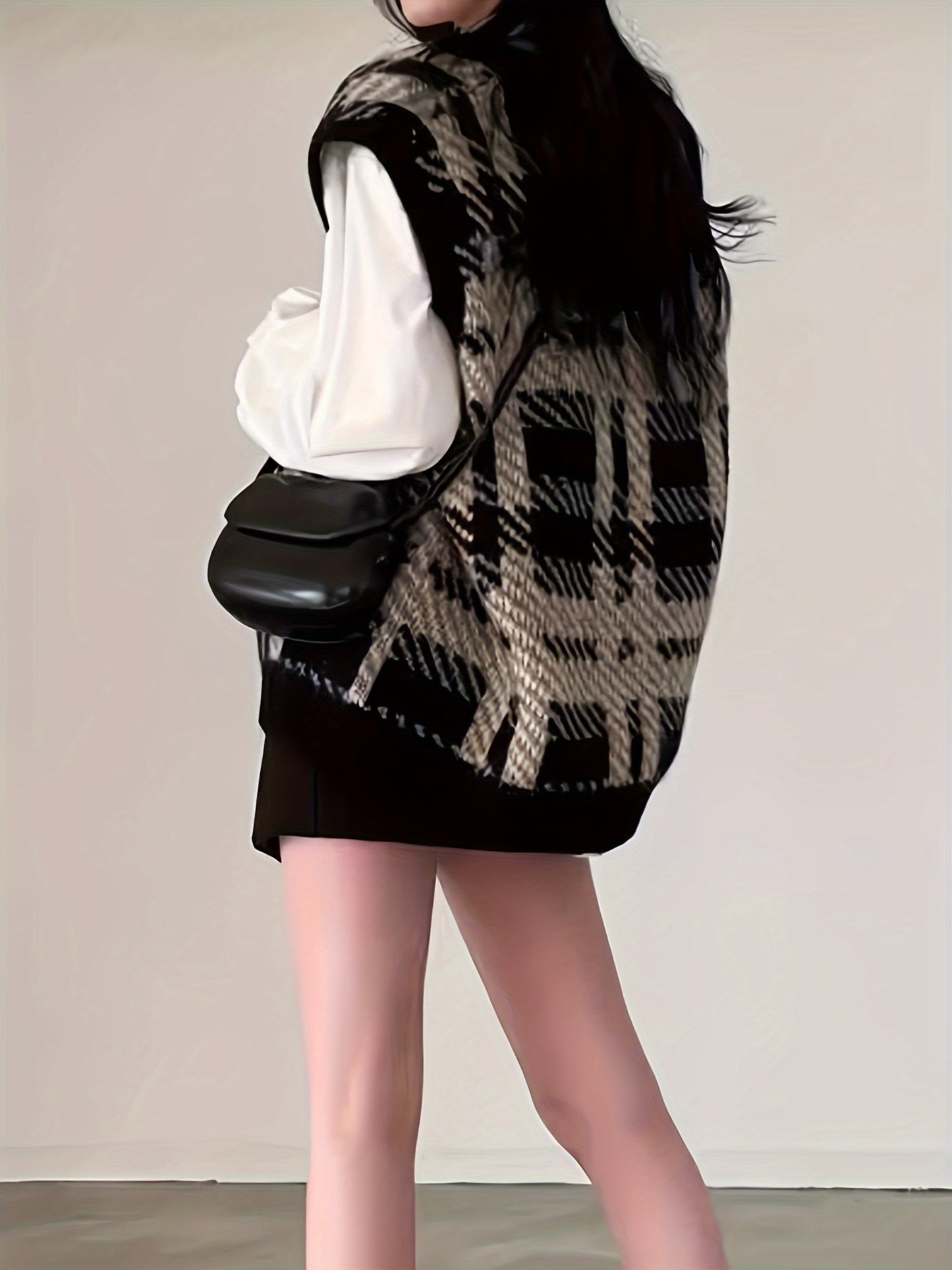gbolsos Plaid Pattern V Neck Knitted Vest, Casual Sleeveless Loose Sweater For Spring & Fall, Women's Clothing