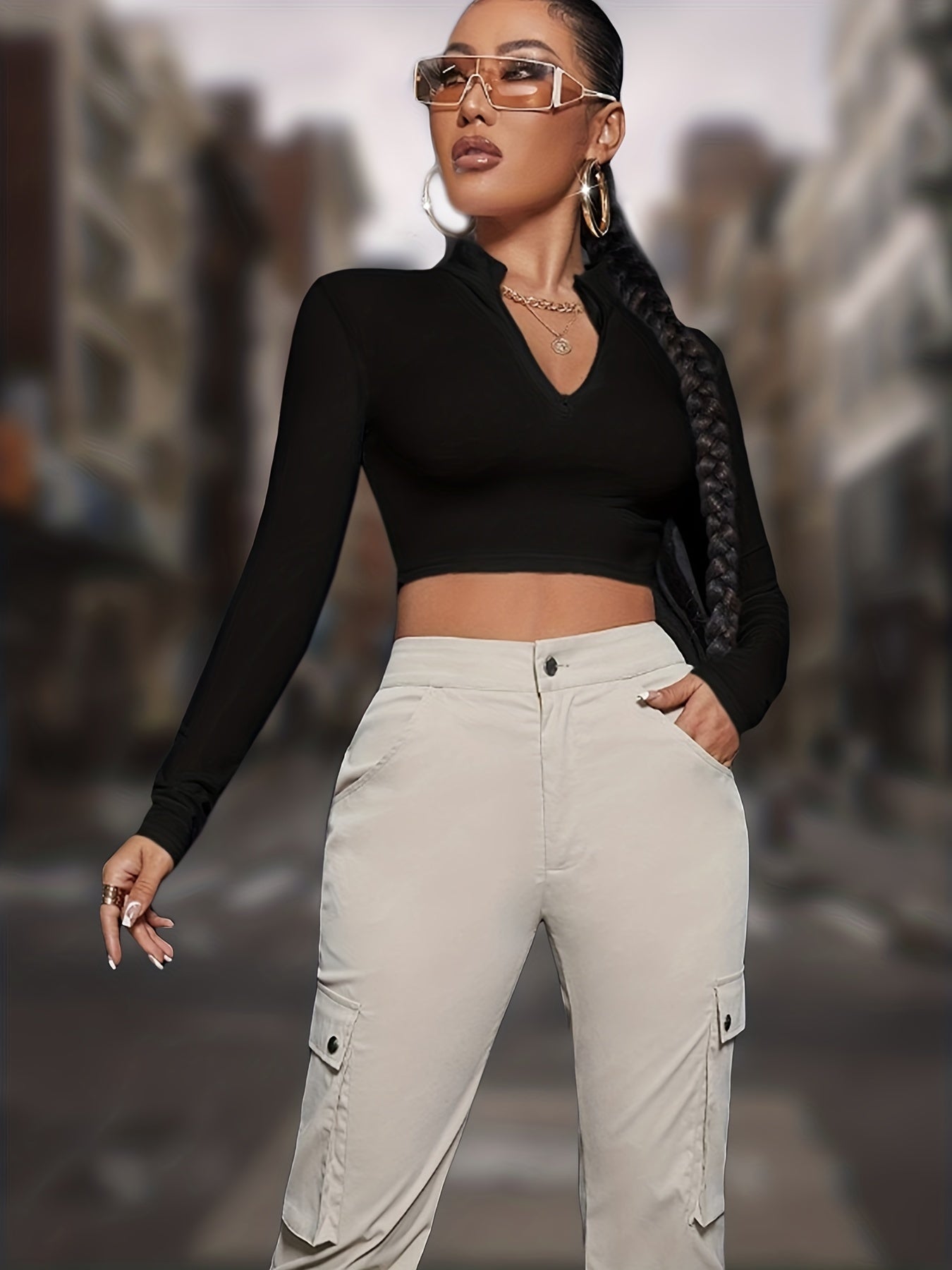 kkboxly Half Zip Cropped T-Shirt, Y2K Long Sleeve Mock Neck T-Shirt For Spring & Fall, Women's Clothing