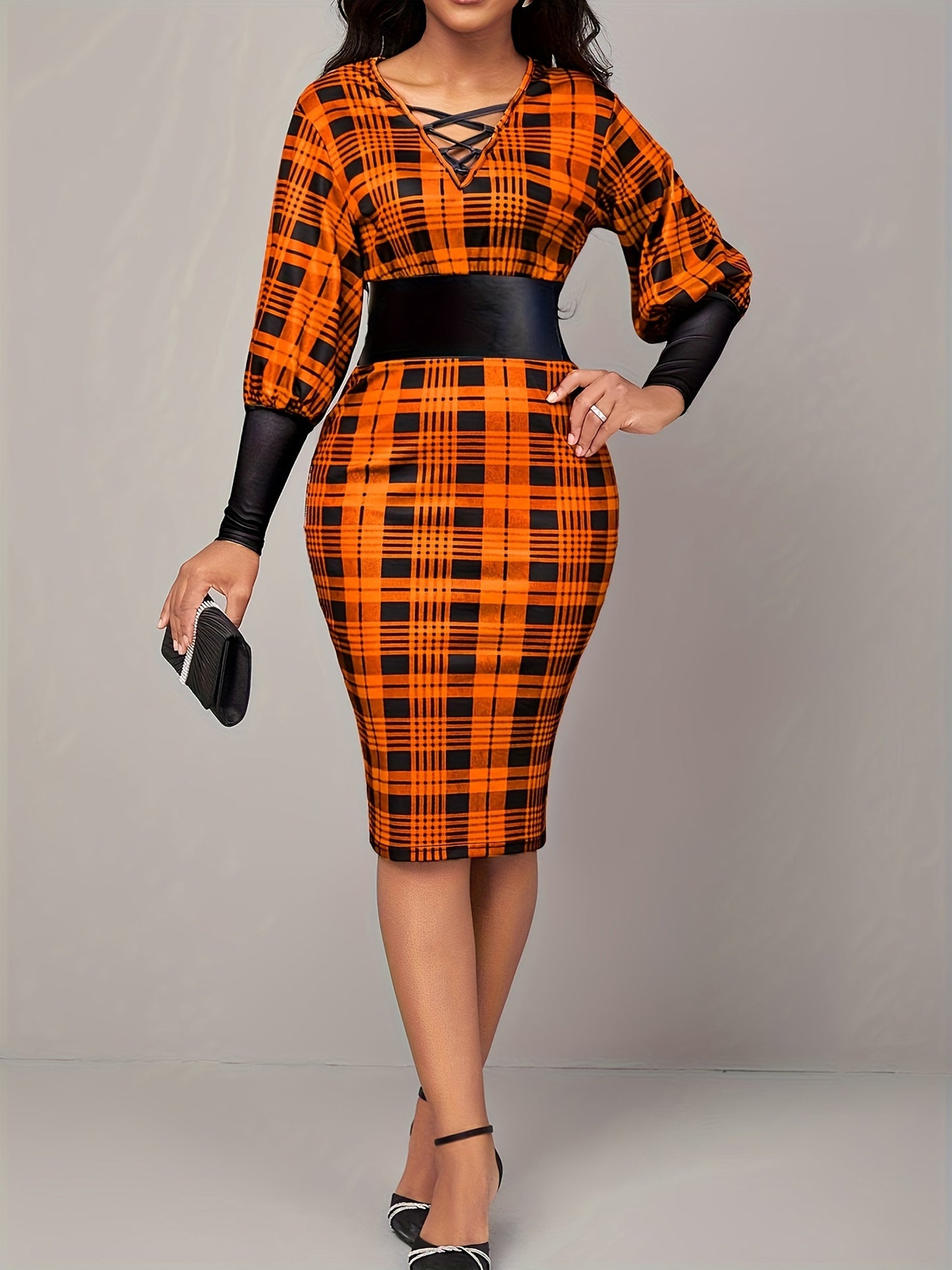 gbolsos Plaid Print Lantern Sleeve Sheath Dress, Casual Crisscross V Neck Cinched Waist Dress, Women's Clothing
