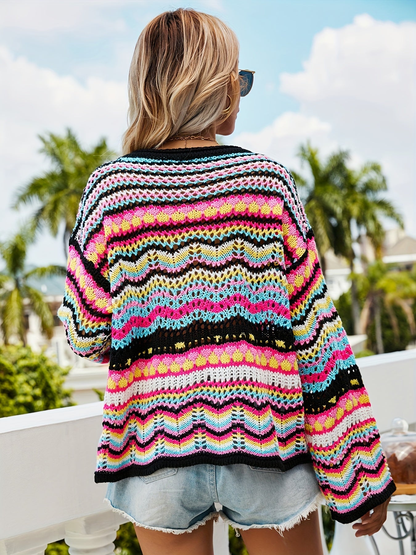 gbolsos Hollow Striped Knit Sweater, Casual Crew Neck Long Sleeve Sweater, Women's Clothing