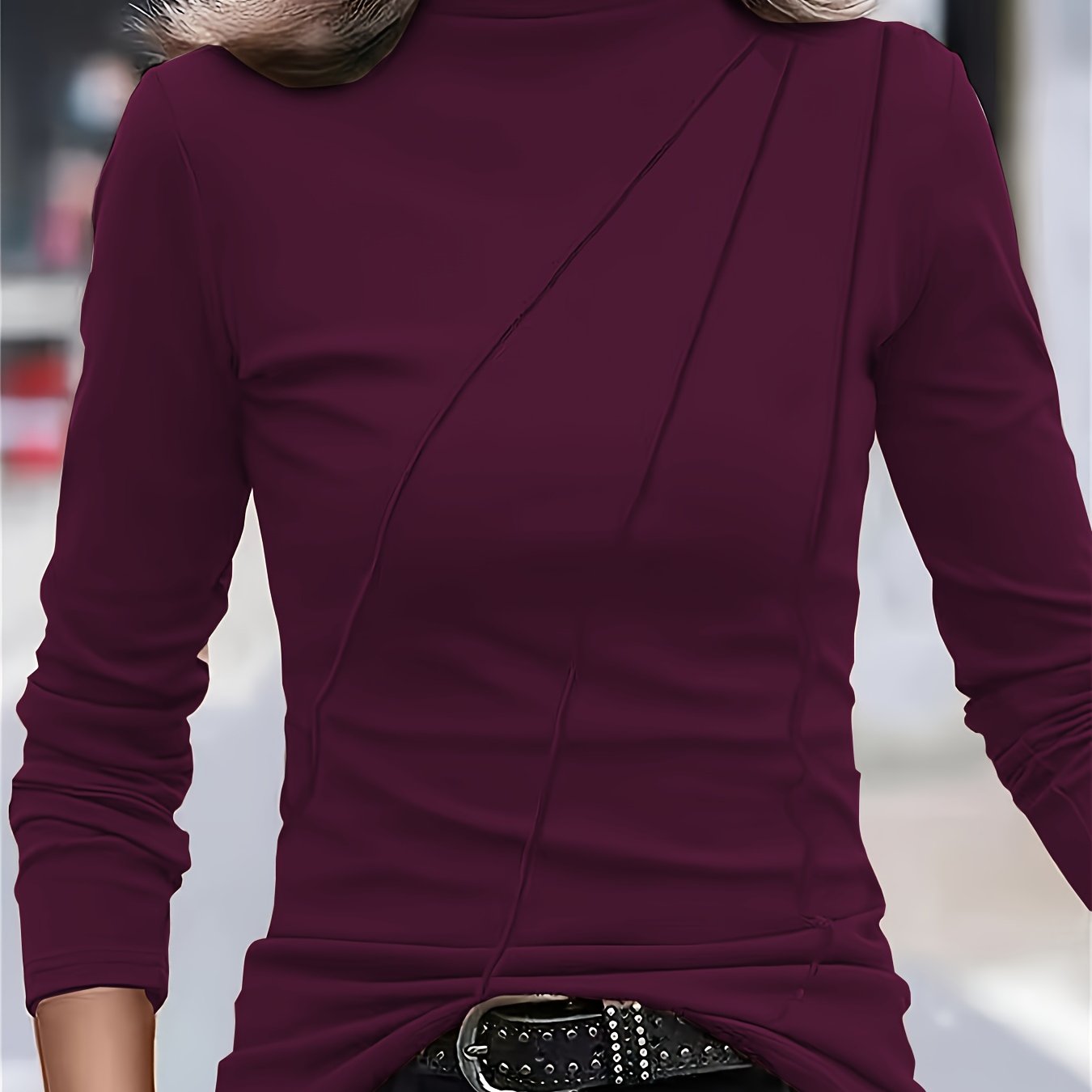 gbolsos Plus Size Mock Neck T-Shirt, Casual Solid Long Sleeve T-Shirt, Women's Plus Size Clothing