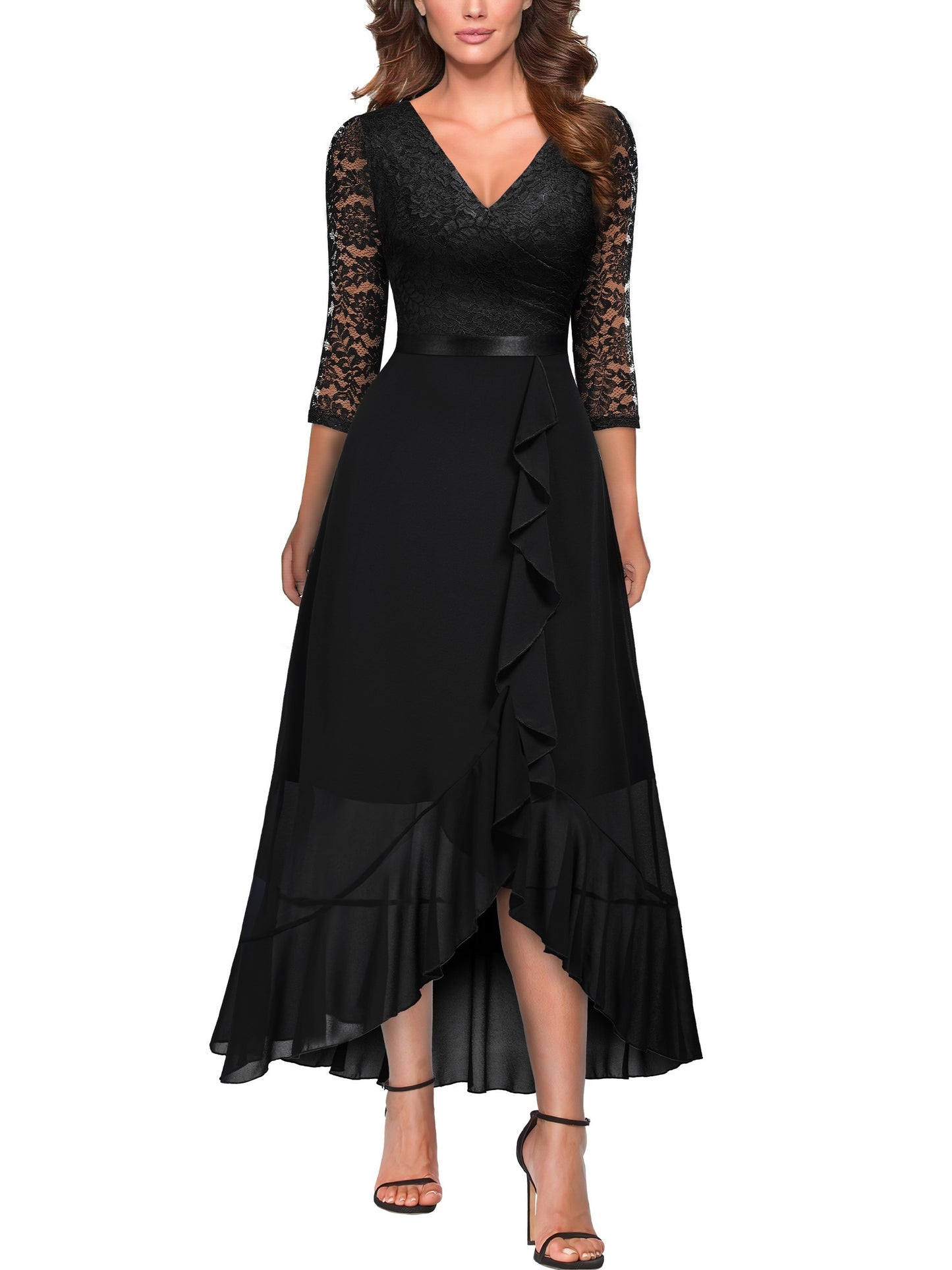 gbolsos Solid V Neck Lace Splicing Dress, Elegant Ruffle Trim Dress For Wedding & Banquet, Women's Clothing