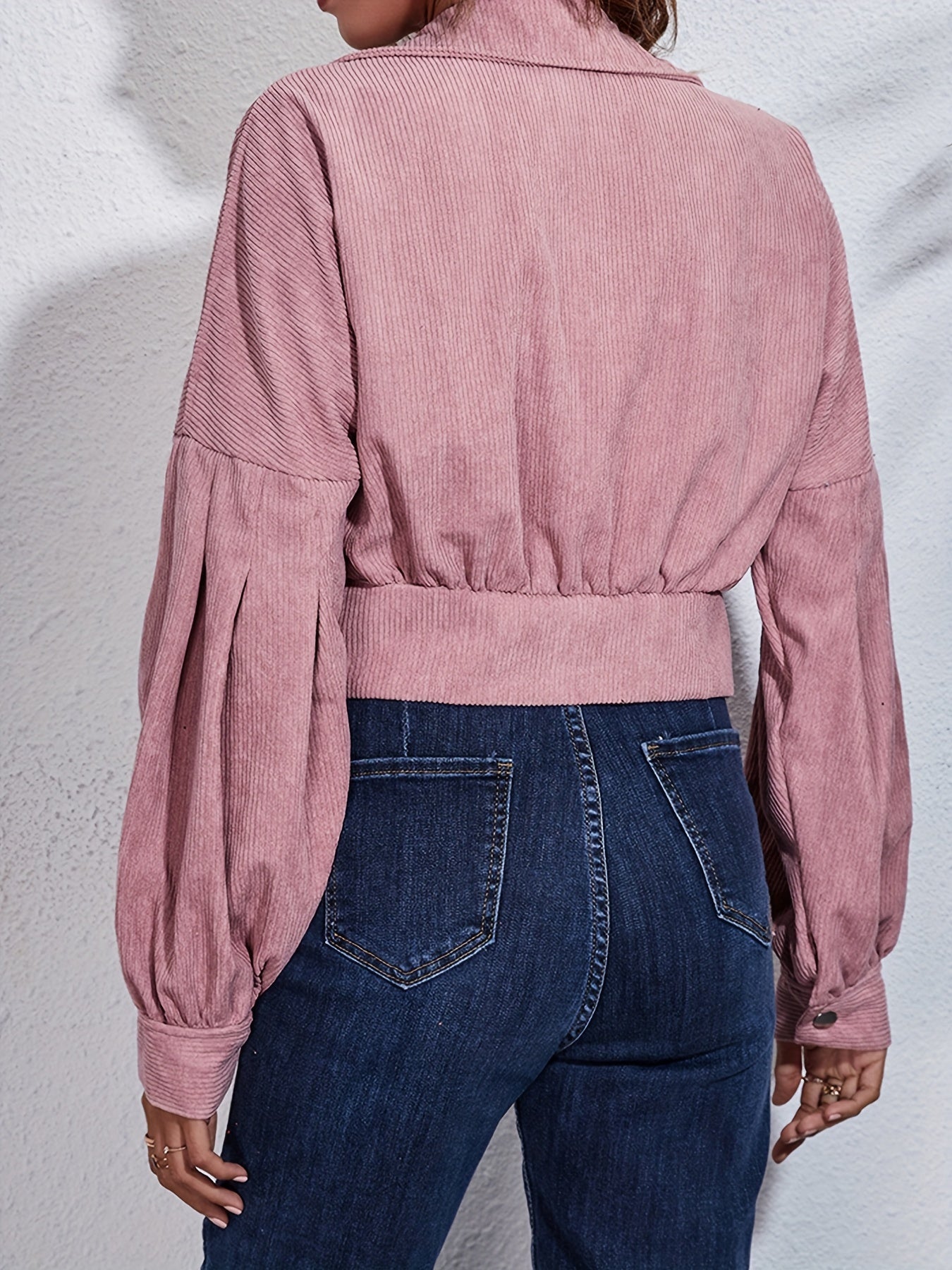 Solid Lantern Sleeve Ribbed Corduroy Cropped Jacket, Fashion Winter Coats, Women's Clothing