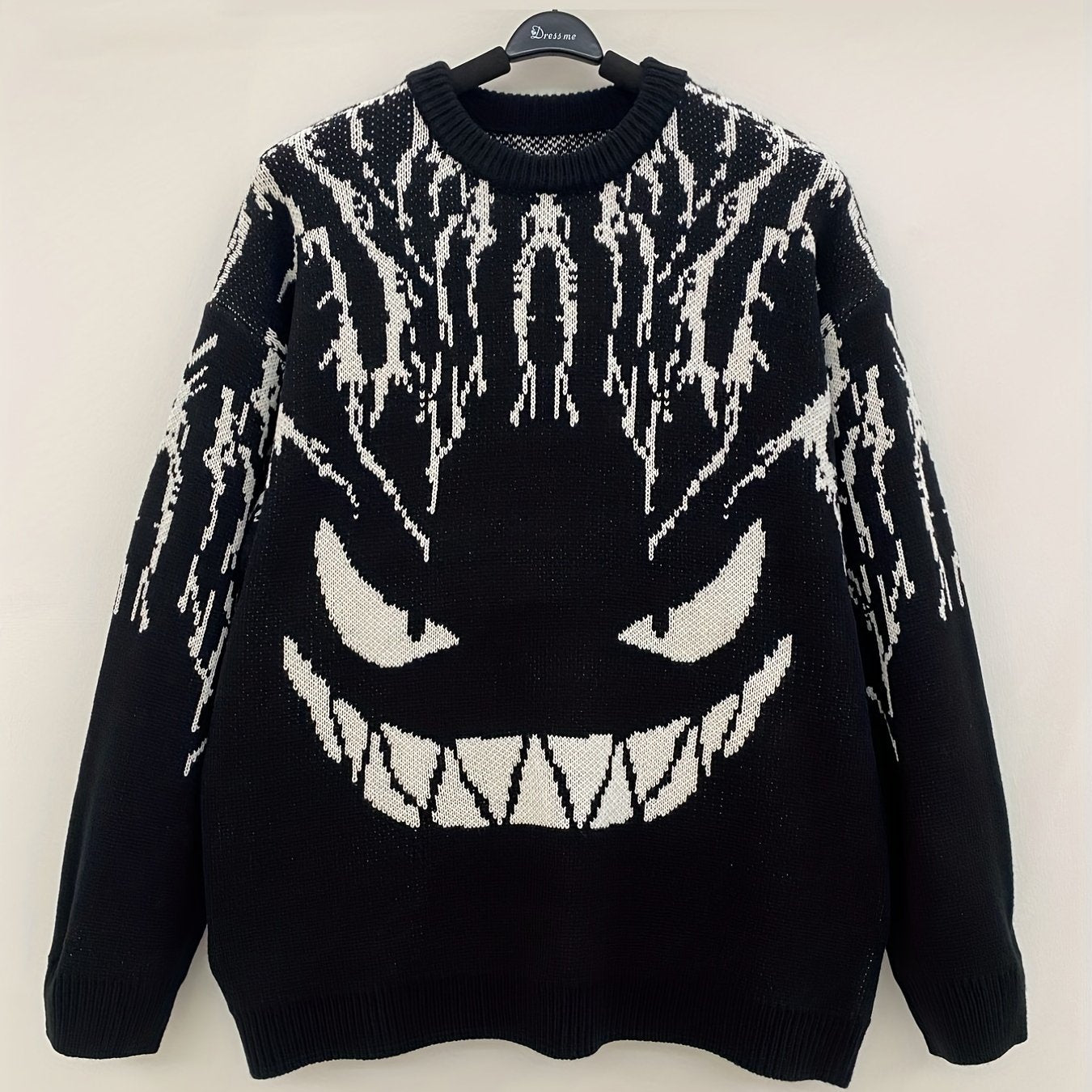 gbolsos Plus Size Men's Sweater Grimace Graphic Print Loose Dark Department Little Devil Jacquard Round Neck Pullover