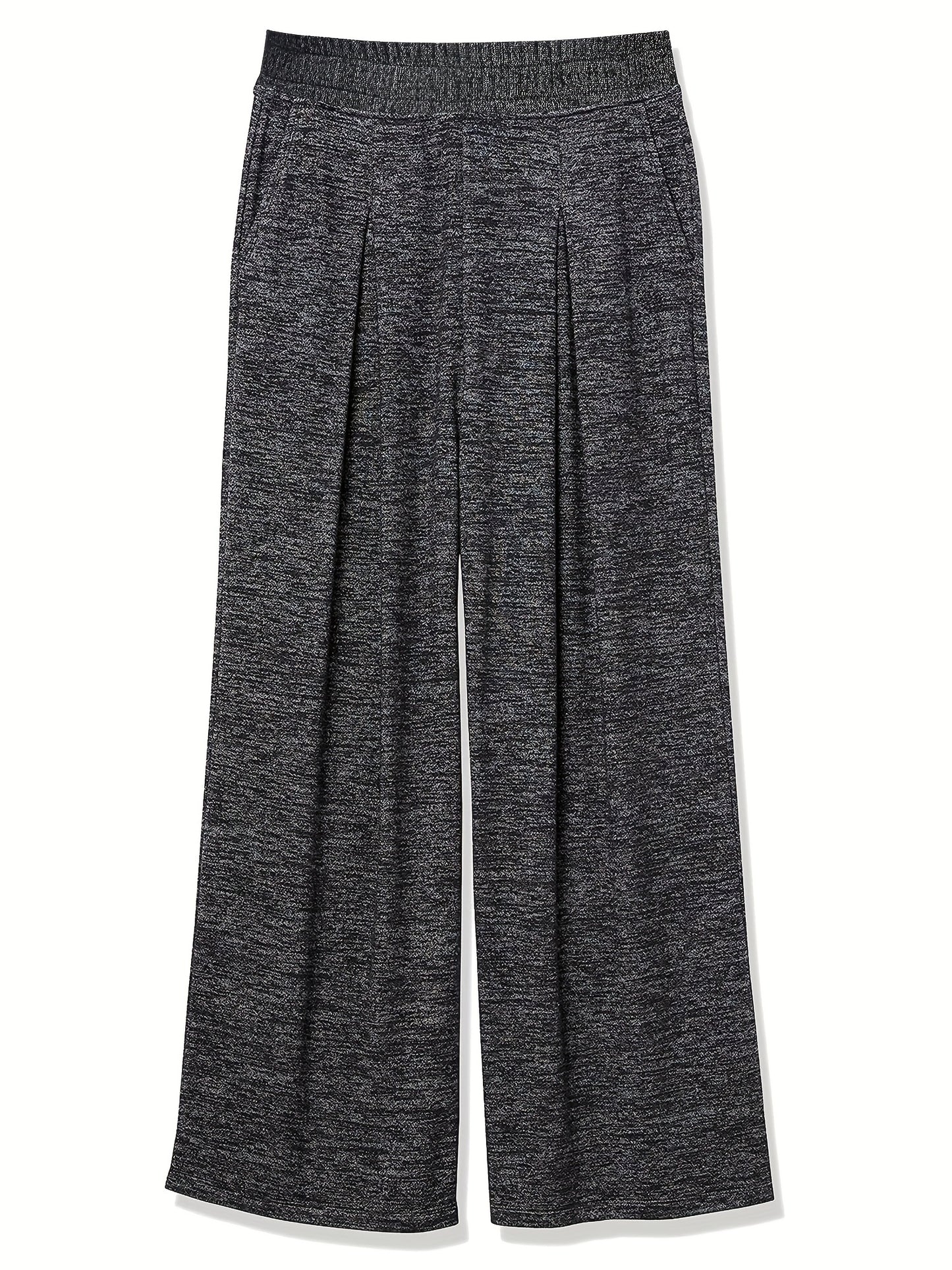 Solid Knit Wide Leg Pants, Casual Elastic Waist Pocket Comfy Pants, Women's Clothing
