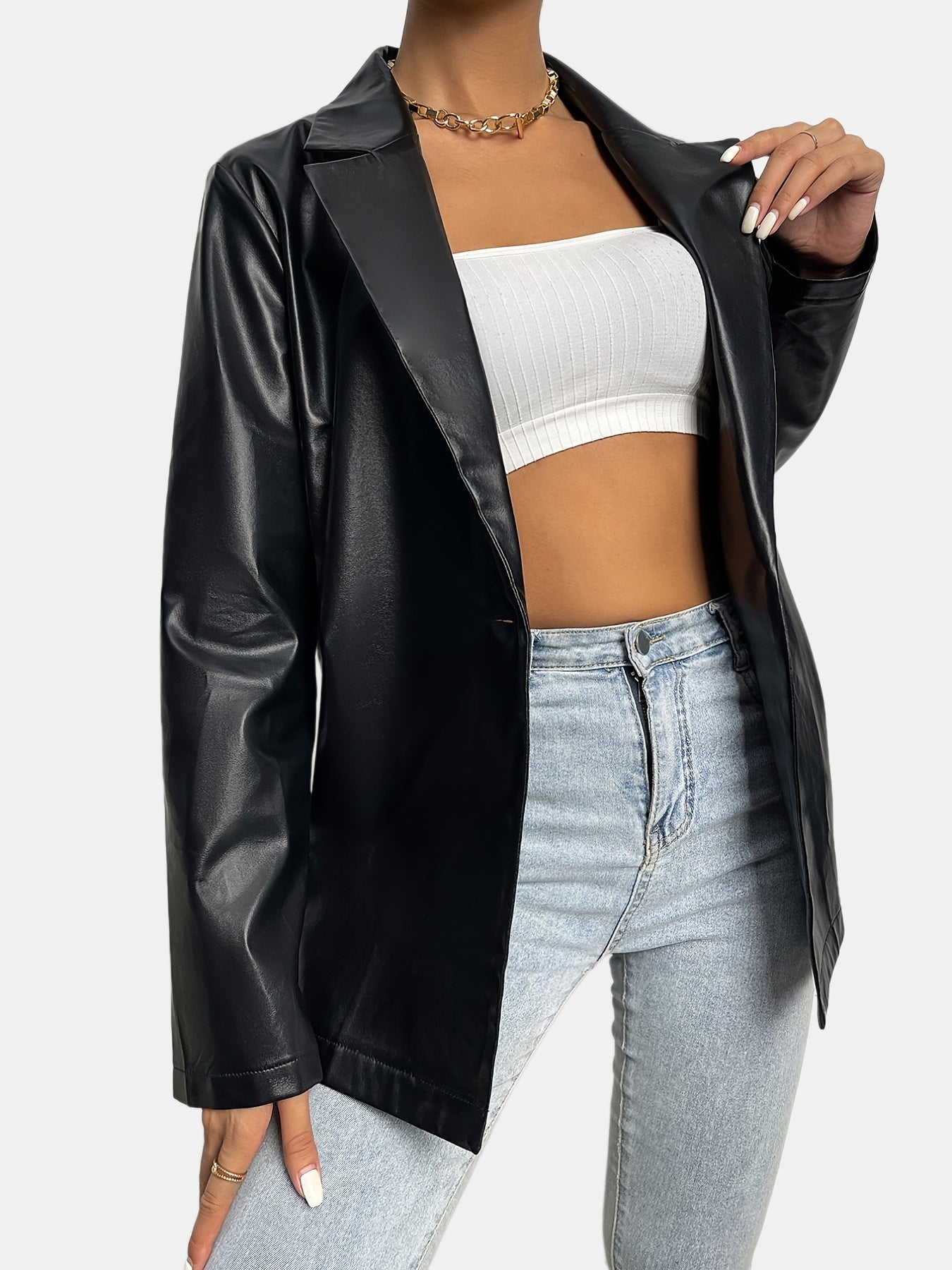gbolsos Solid Lapel Faux Leather Long Sleeve Jacket, Elegant Open Front Stylish Outerwear, Women's Clothing