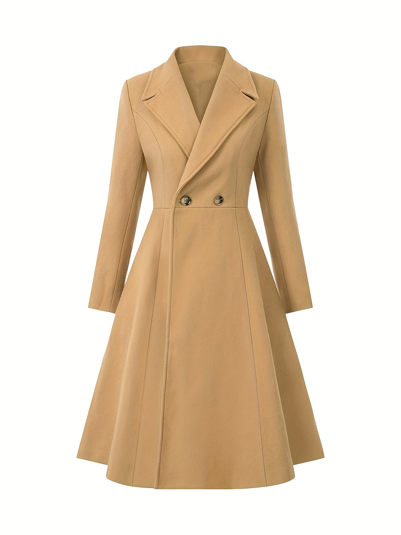 Solid Lapel Mid Length Coat, Elegant Double Breasted Long Sleeve Outerwear, Women's Clothing