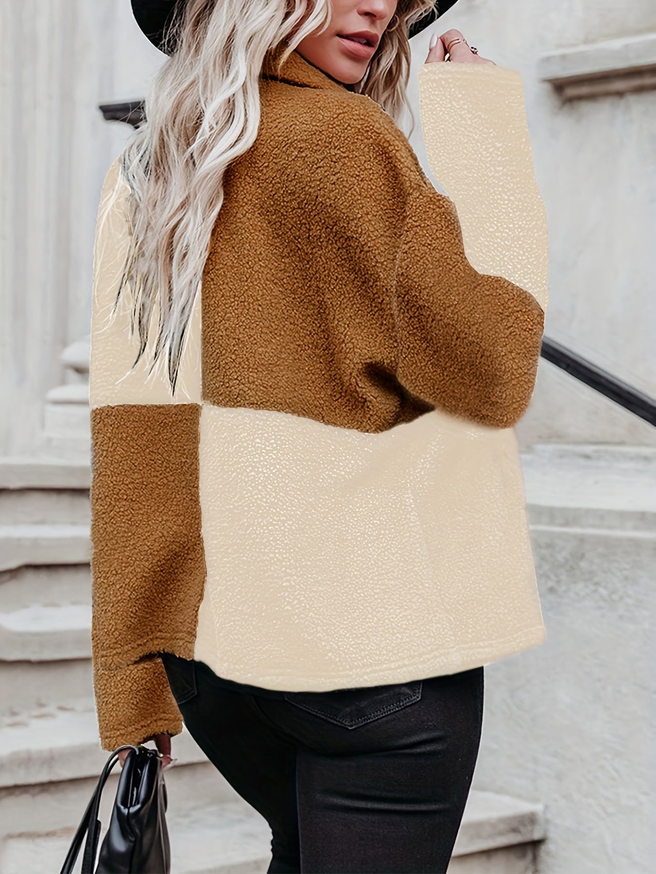 gbolsos Color Block Teddy Jacket, Casual Button Front Long Sleeve Outerwear, Women's Clothing