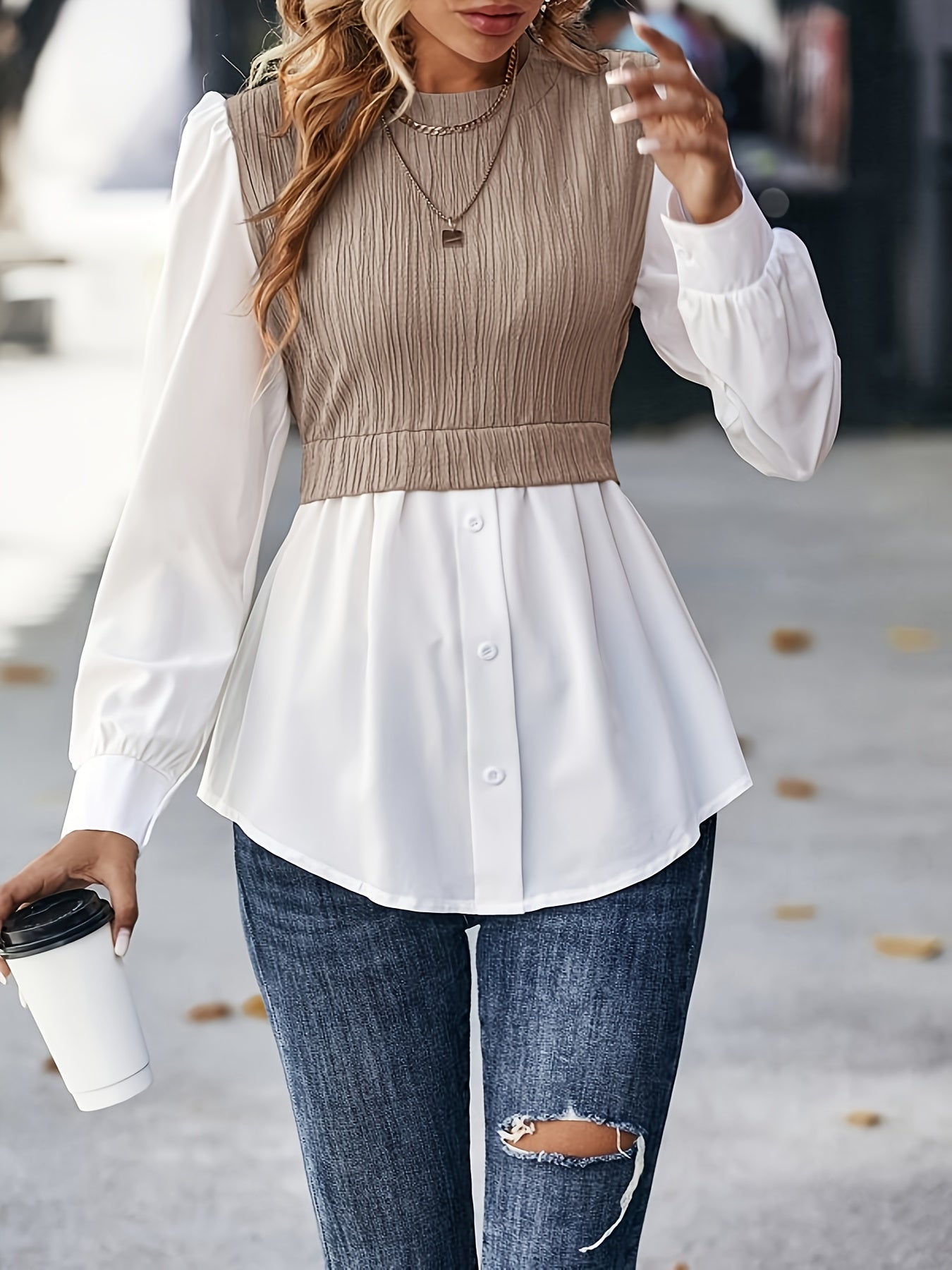 gbolsos Color Block Stitching Blouse, Elegant Crew Neck Long Sleeve Blouse, Women's Clothing