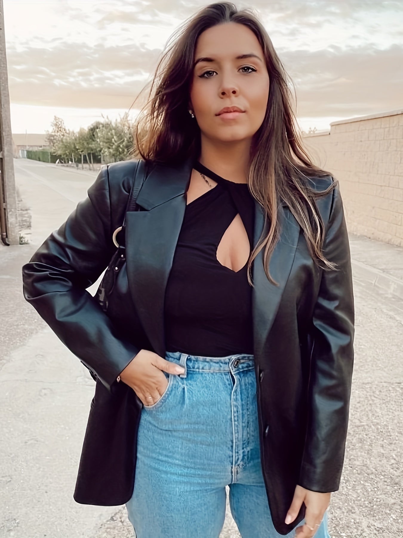 gbolsos Faux Leather Button Front Jacket, Stylish Long Sleeve Lapel Jacket For Fall & Winter, Women's Clothing