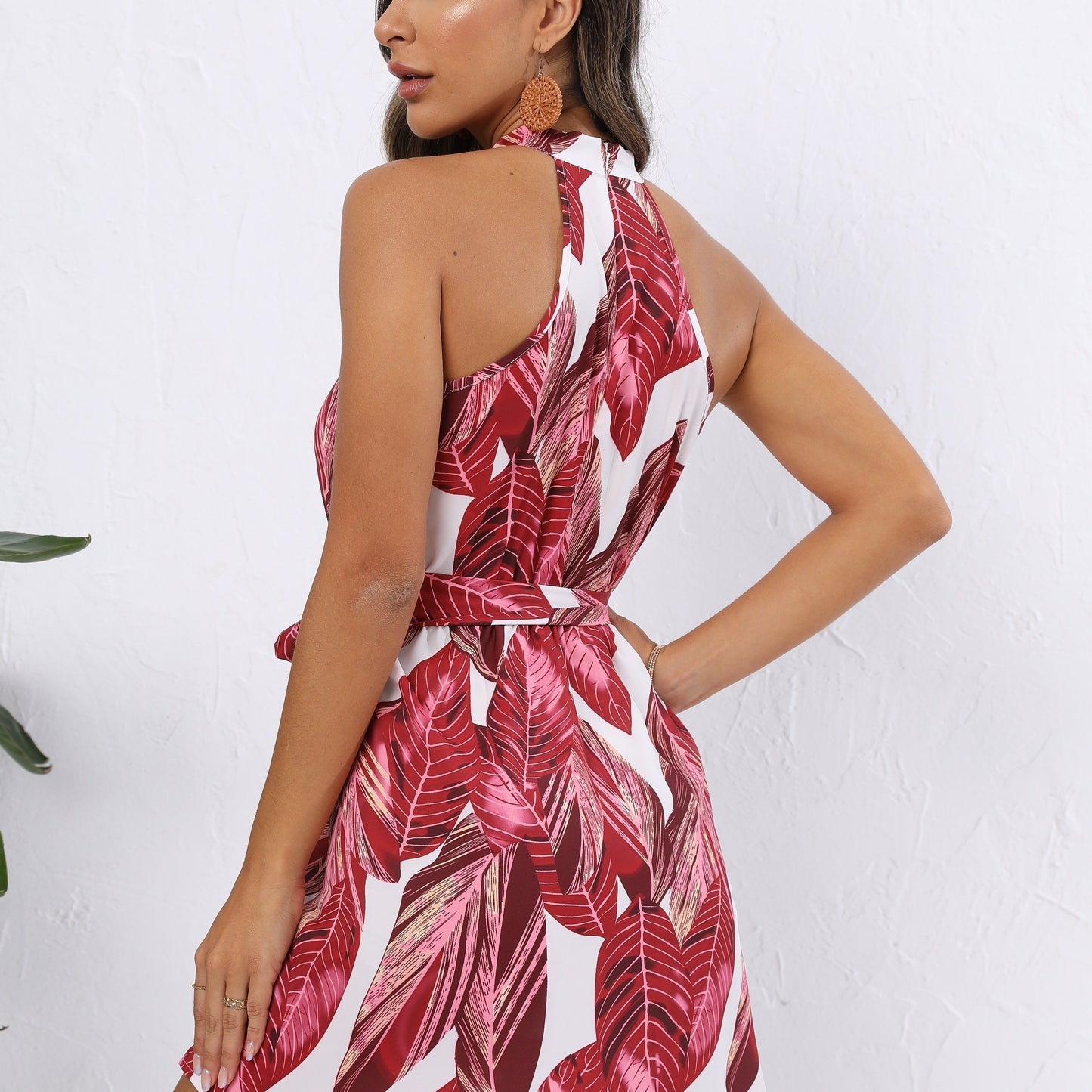 Leaf Print Halter Neck Dress, Boho Sleeveless Tie Front Dress For Spring & Summer, Women's Clothing
