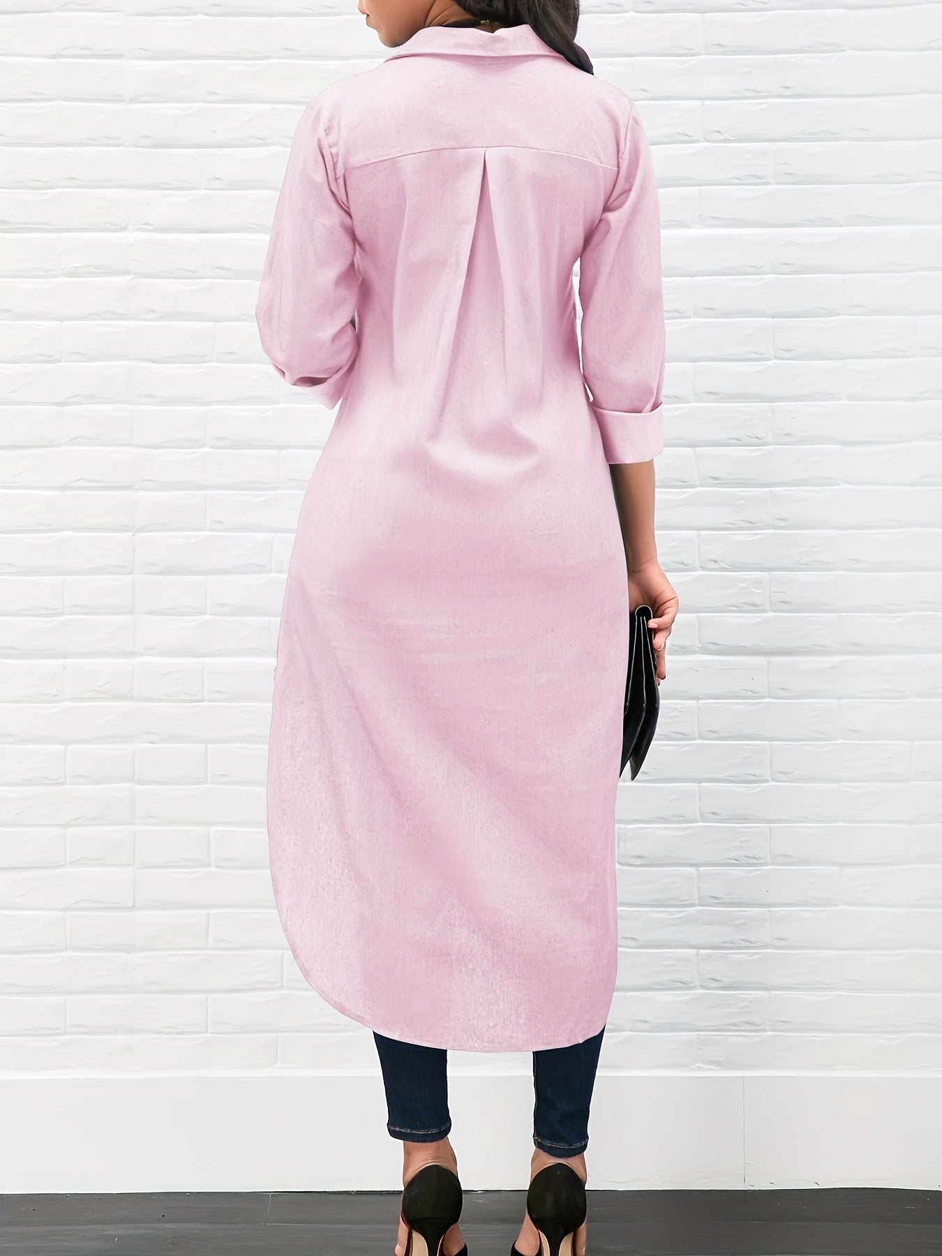 gbolsos Solid Long Sleeve Button Down Lapel Irregular Hem Shirt, Elegant Pockets Stylish Comfy Shirt, Women's Clothing
