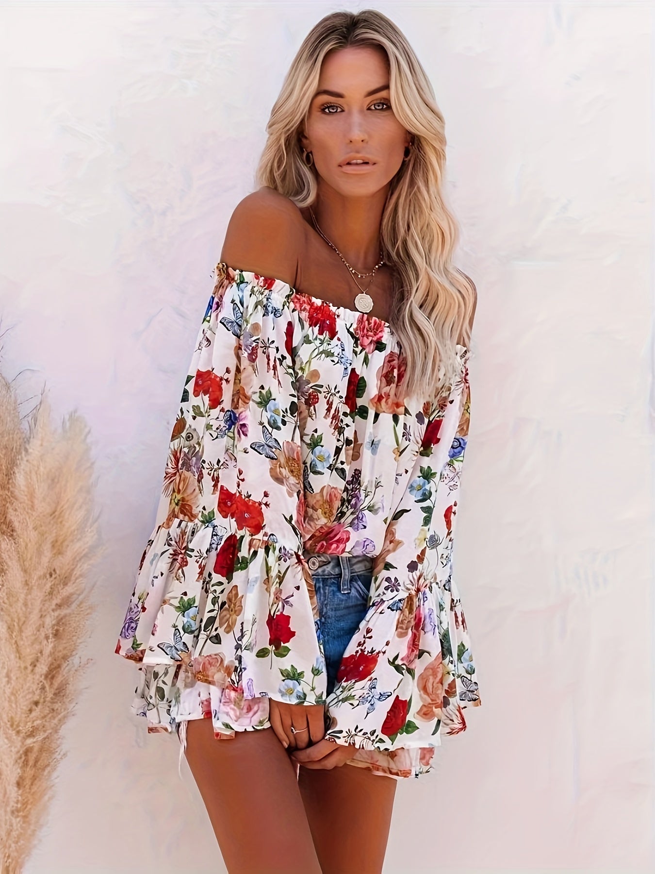 gbolsos Vintage Floral Print Blouse, Vacation Off Shoulder Flared Sleeve Blouse, Women's Clothing