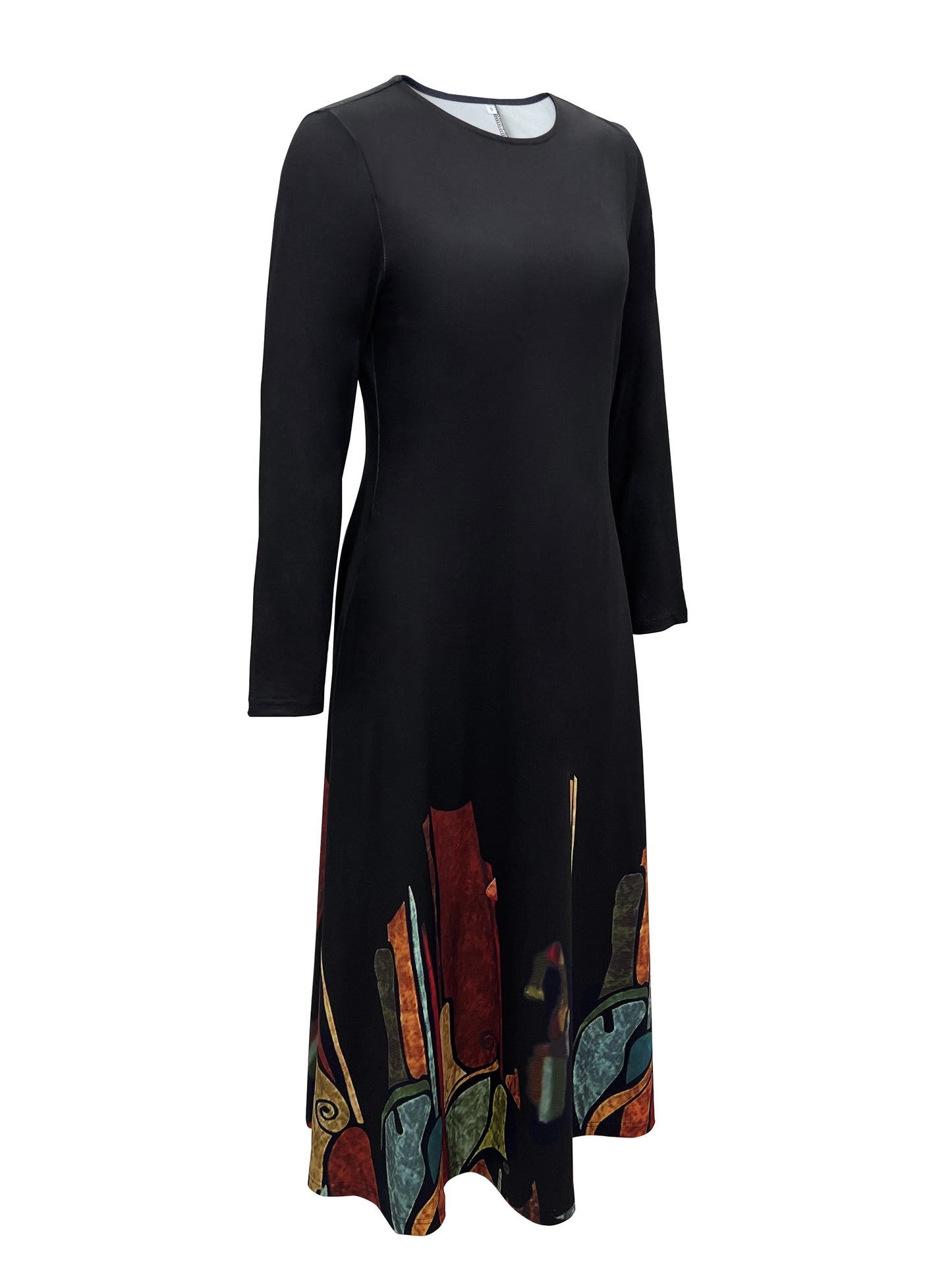 gbolsos Ethnic Print Midi Dress, Elegant Crew Neck Long Sleeve Dress, Women's Clothing