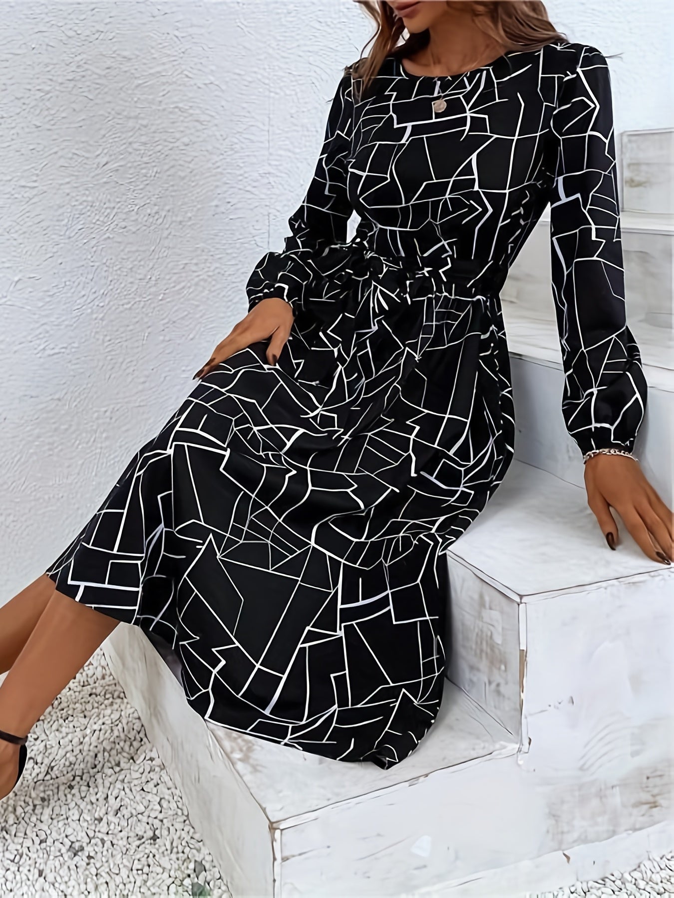 gbolsos Geo Print Dress, Casual Crew Neck Long Sleeve Midi Dress, Women's Clothing