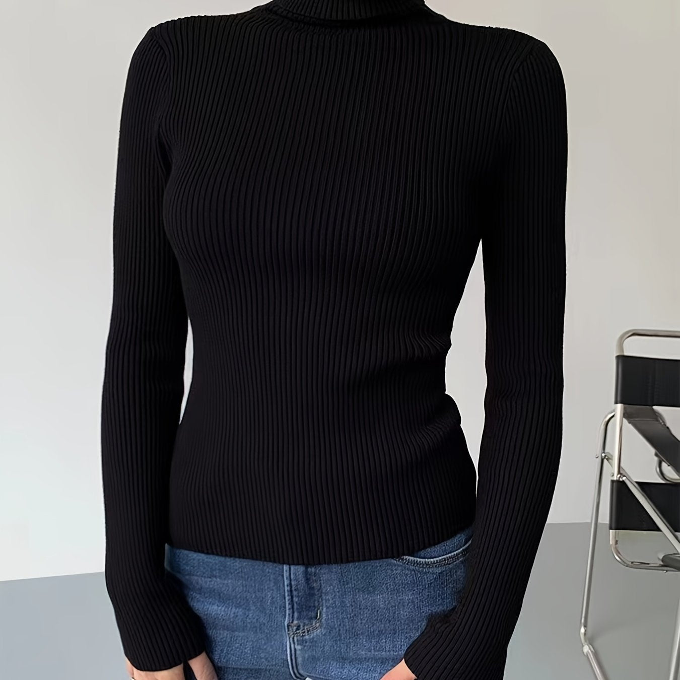 gbolsos Women's Sweater Turtleneck Solid Ribbed Long Sleeve Slim Pullover Knit Tops