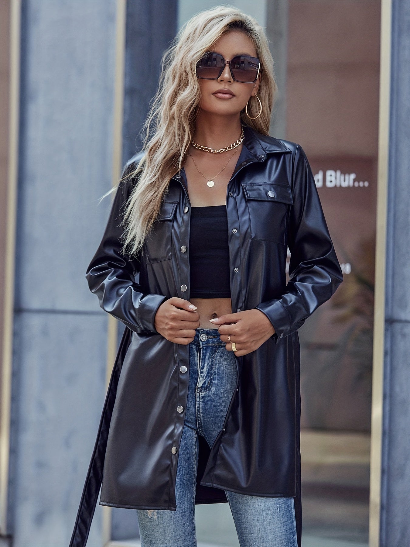 gbolsos Solid V-neck Tie Waist Jacket, Casual Flap Pockets Long Sleeve Jacket For Fall & Winter, Women's Clothing