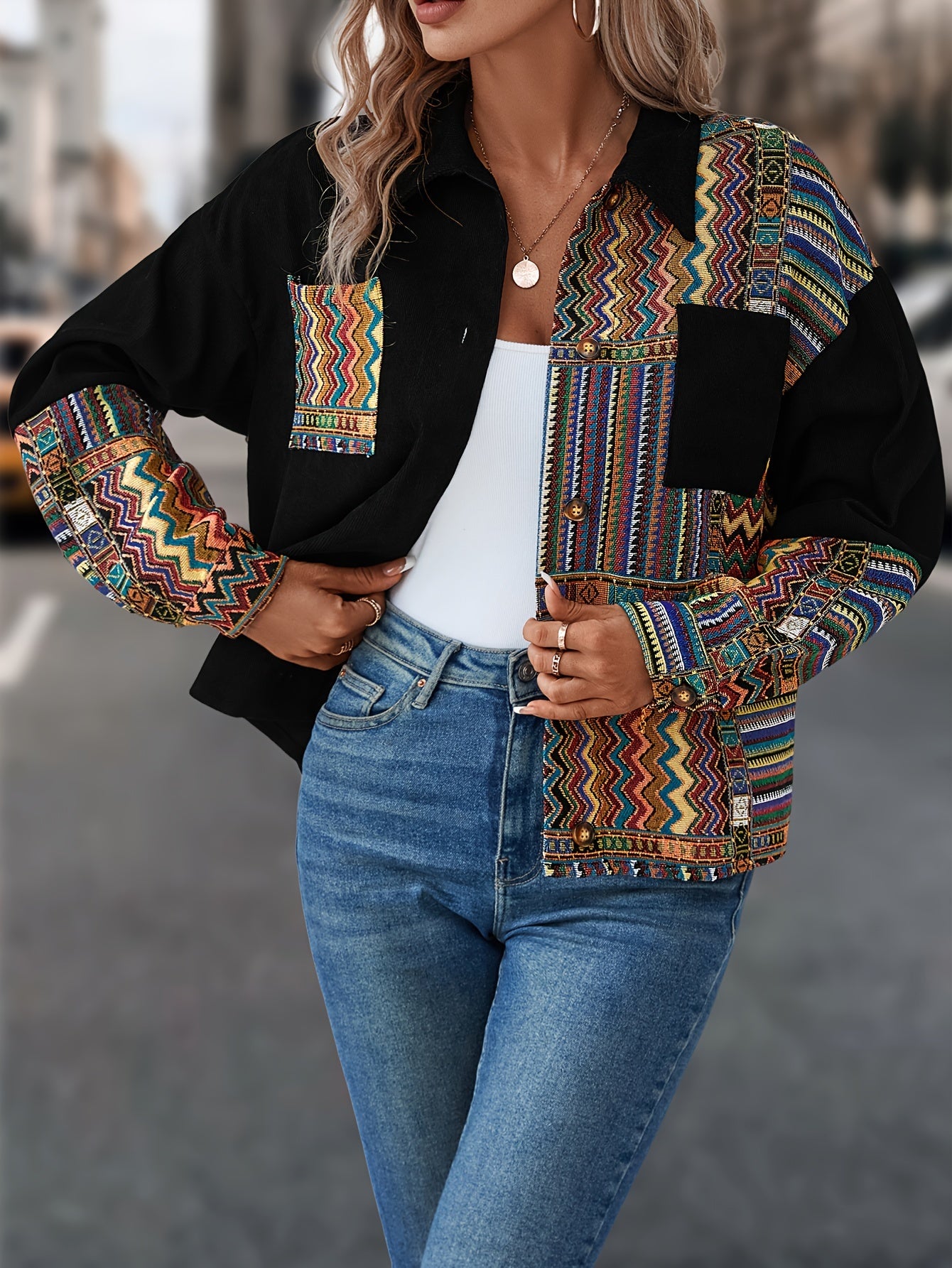 Patchwork Print Patched Pockets Jacket, Ethnic Color Block Single Button Jacket, Women's Clothing