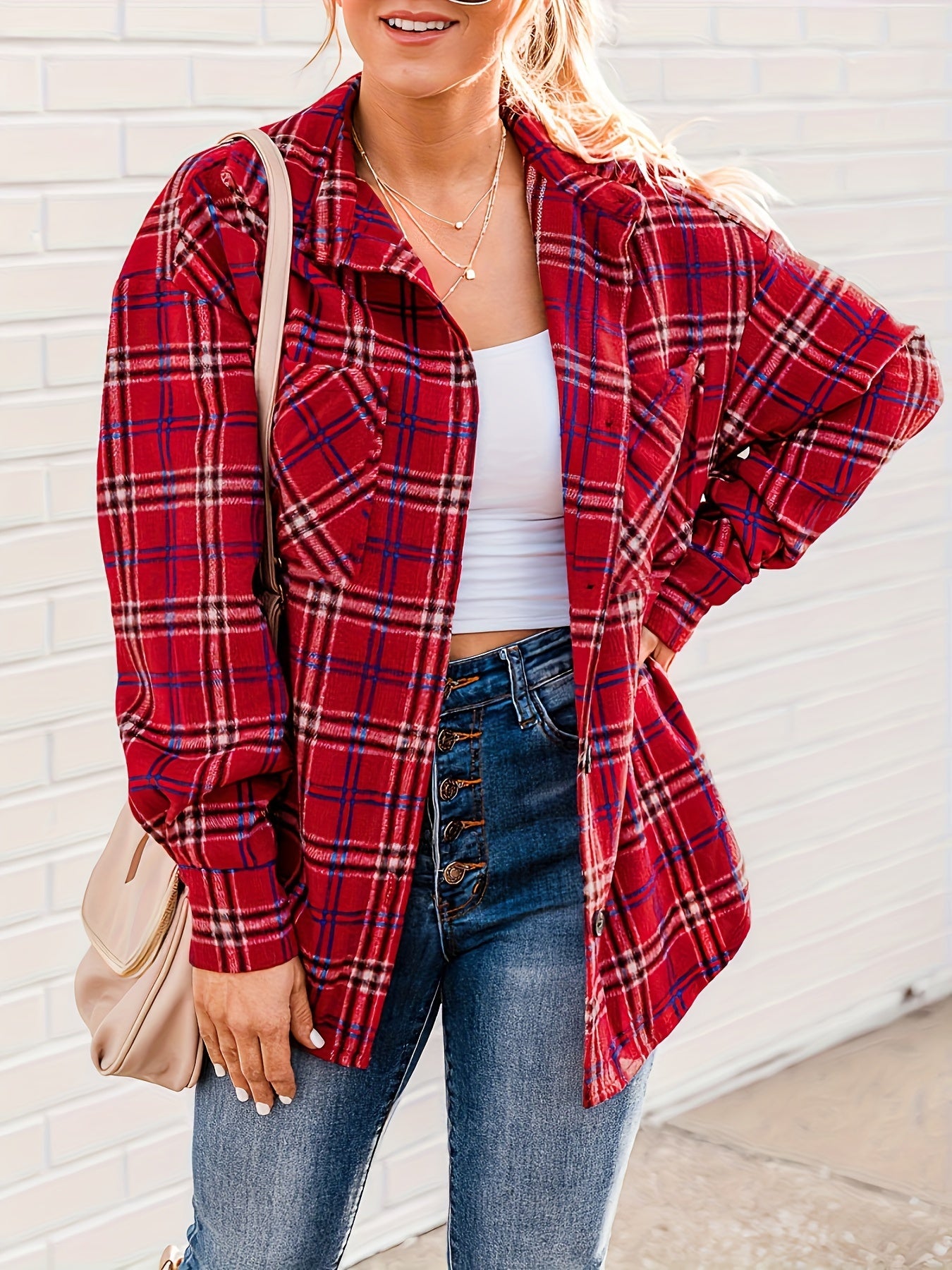 gbolsos Plaid Print Shacket Jacket, Casual Button Front Long Sleeve Outerwear, Women's Clothing