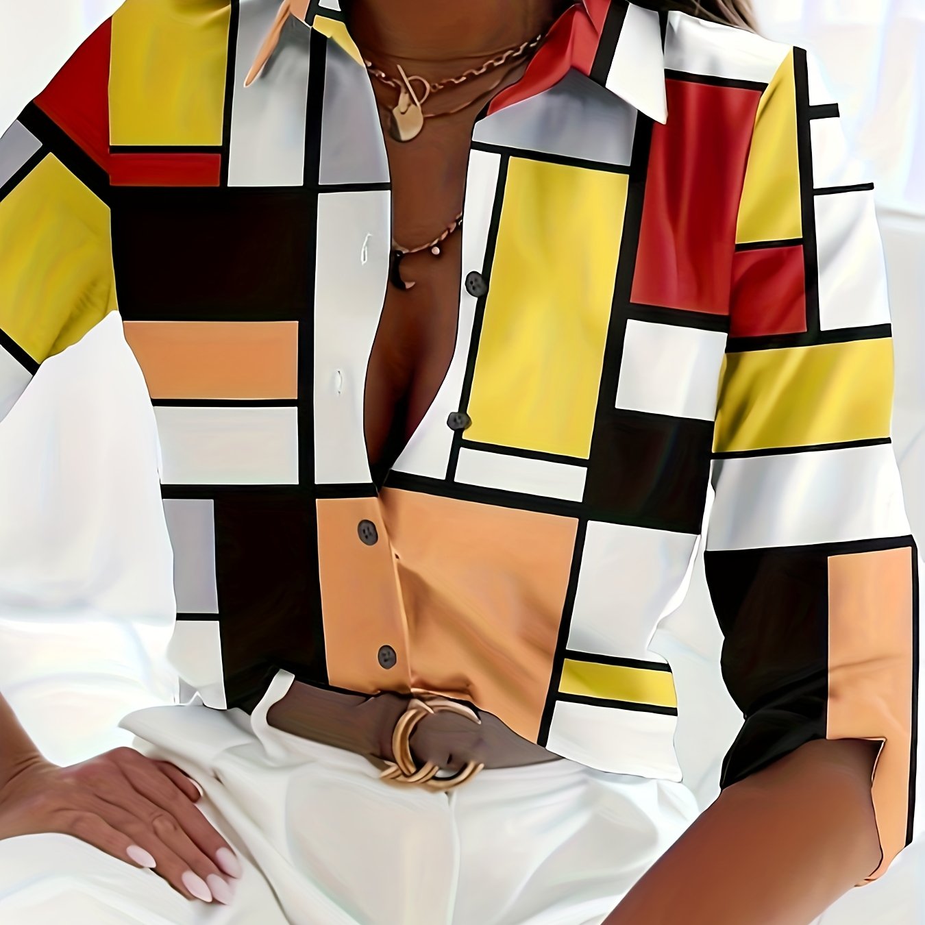 solvbao Plus Size Elegant Blouse, Women's Plus Geo Print Three Quarter Sleeve Lapel Collar Button Up Shirt