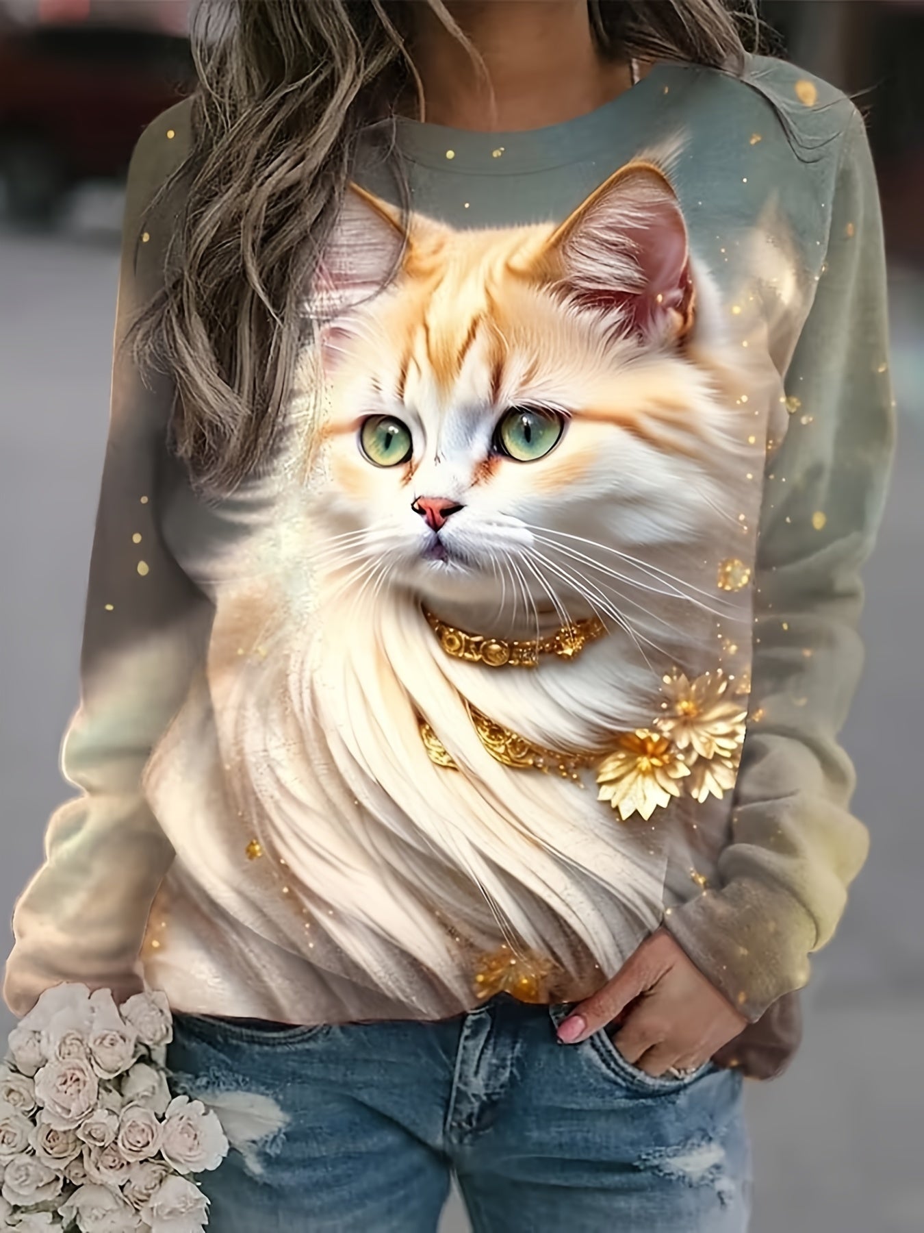 gbolsos Cute Cat Print Sweatshirt, Casual Long Sleeve Crew Neck Sweatshirt For Spring & Fall, Women's Clothing