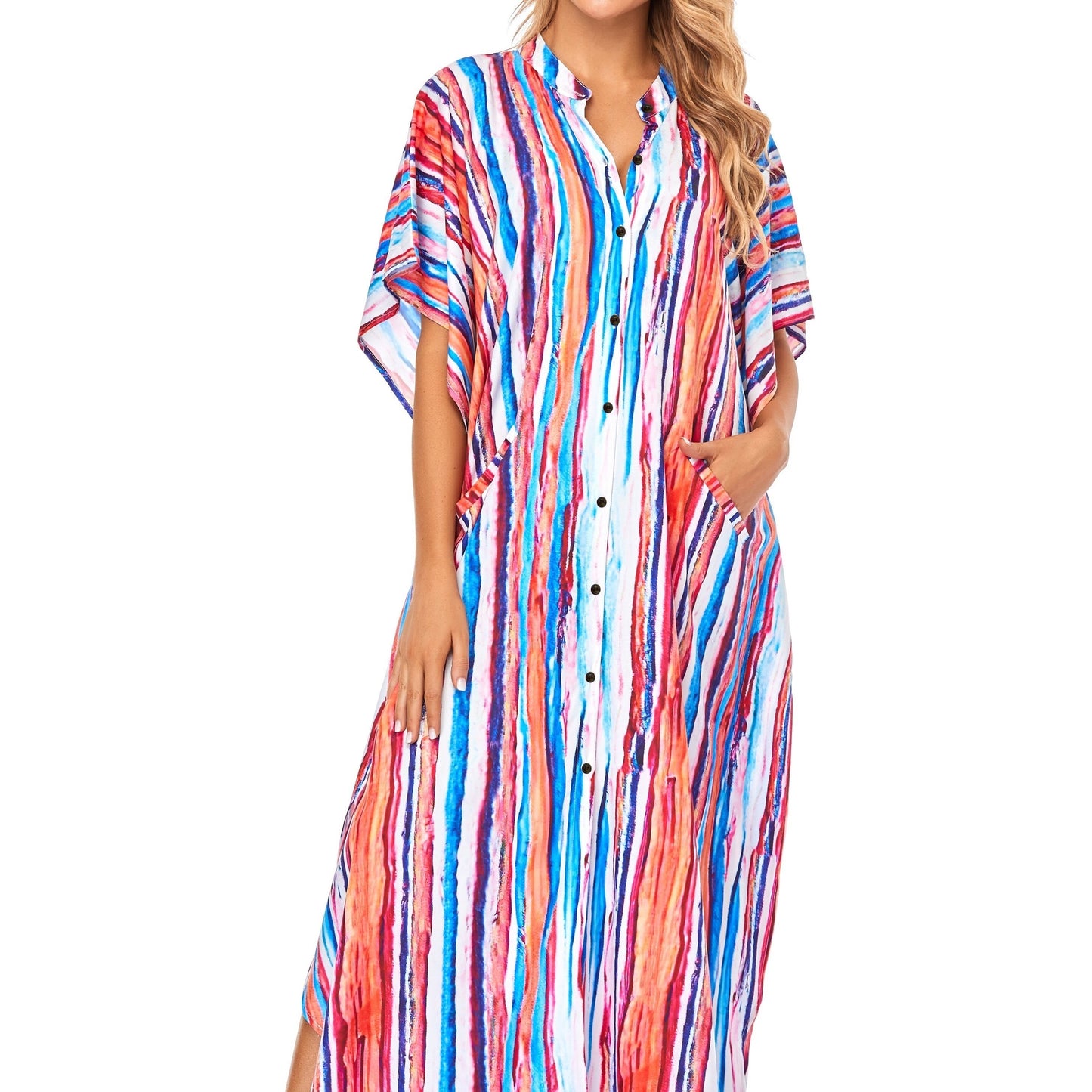 Bohemian Striped Elegant Beach Dress, Casual Every Day Vacation Dress For Spring & Summer, Women's Clothing