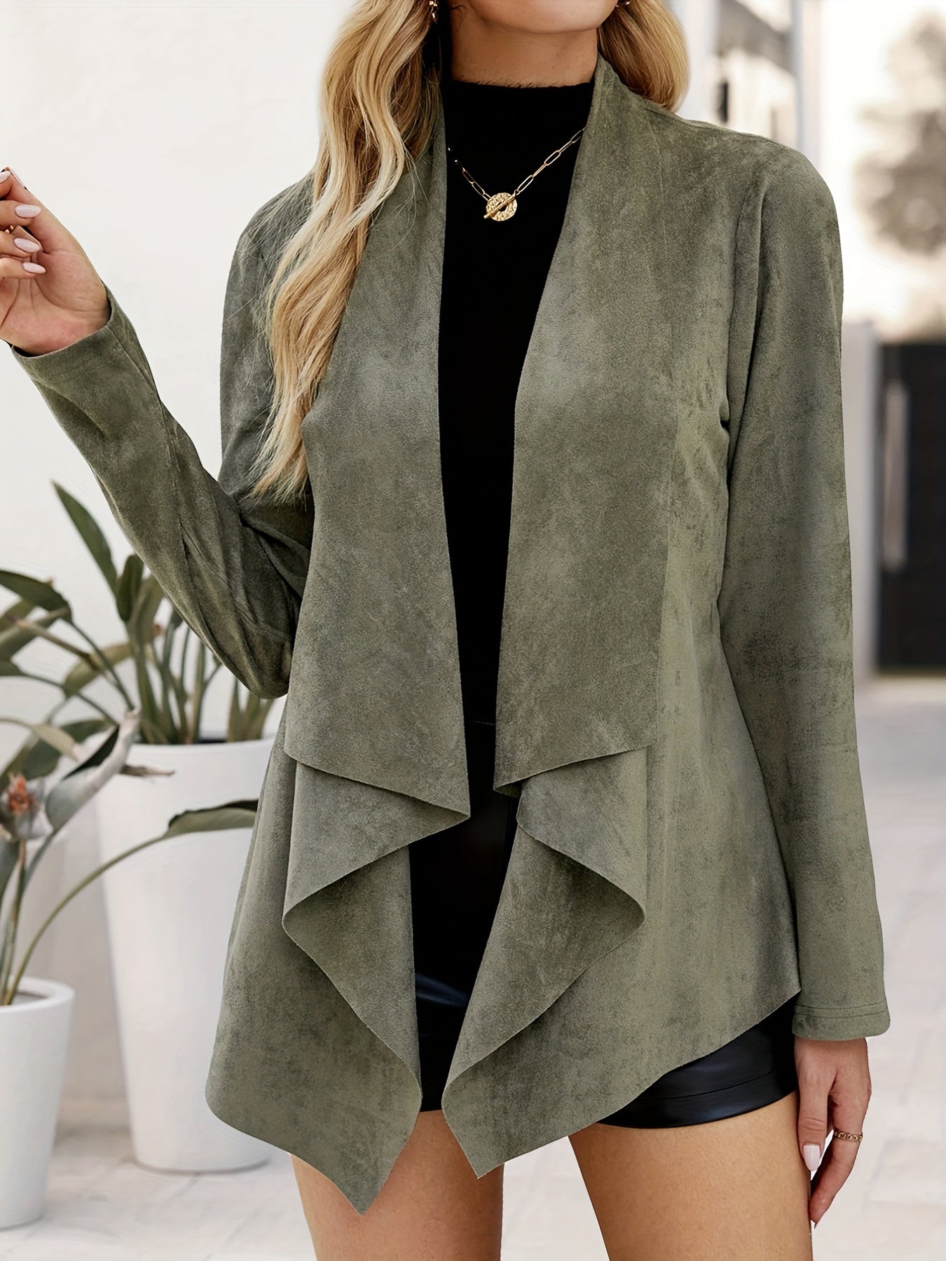 gbolsos Solid Open Front Jacket, Casual Long Sleeve Waterfall Collar Outerwear, Women's Clothing