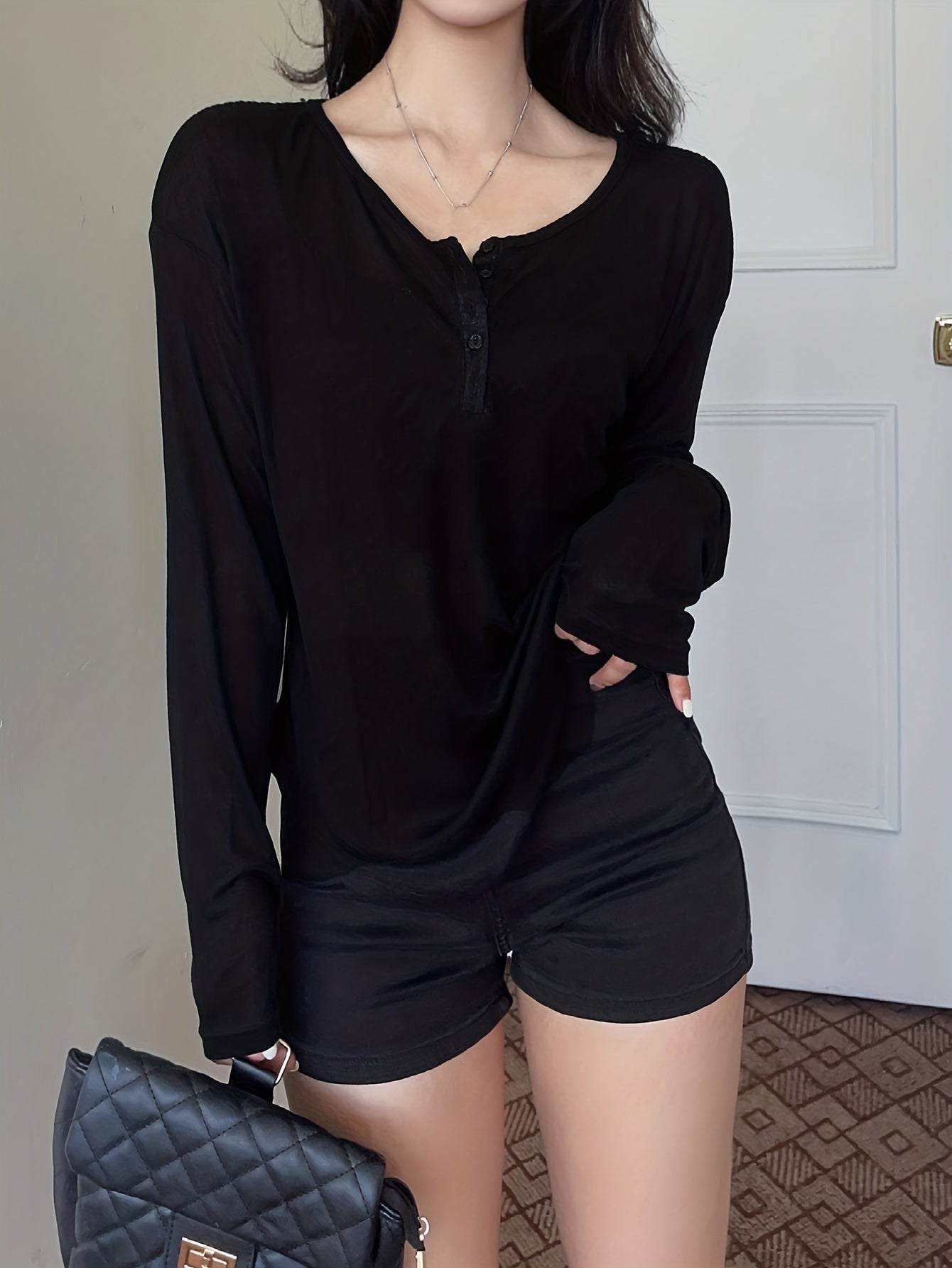 gbolsos Grey Single-breasted Scoop Neck Cover Up T-shirt Top, Long Sleeve Semi Sheer Loose Fit Solid Color Sun Protection Beach Coverup Shirt, Women's Swimwear & Clothing