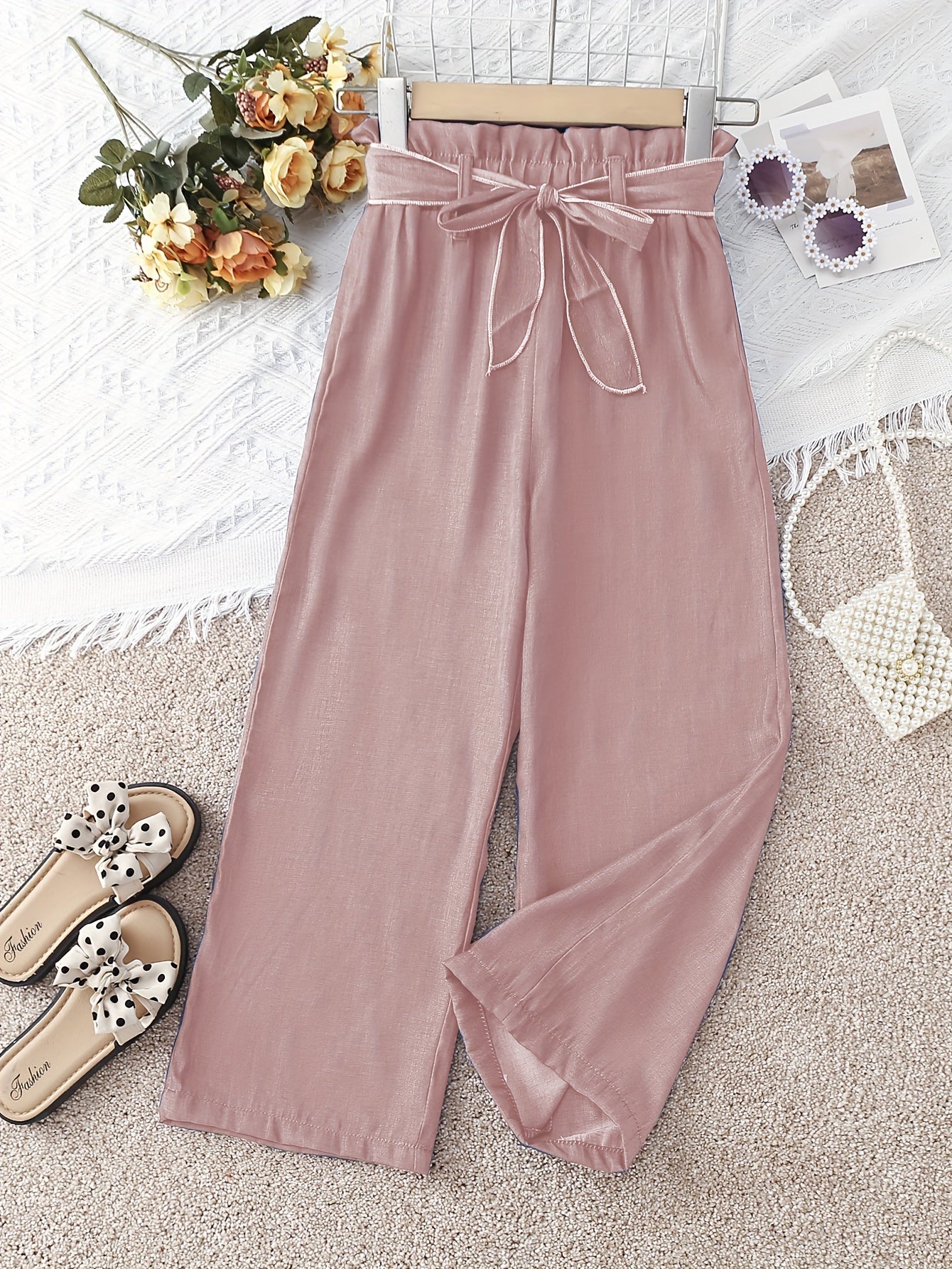 gbolsos Girls' Cosy Faux Denim Print Wide Leg Casual Pants Trousers With Belt For Spring/Summer/Fall