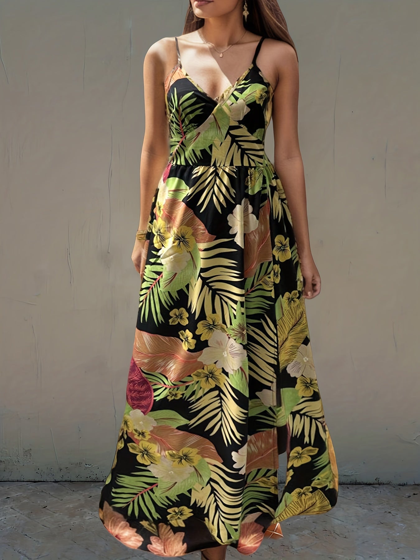 gbolsos Tropical Print Cami Dress, Vacation Split Thigh Sleeveless Summer Maxi Dress, Women's Clothing