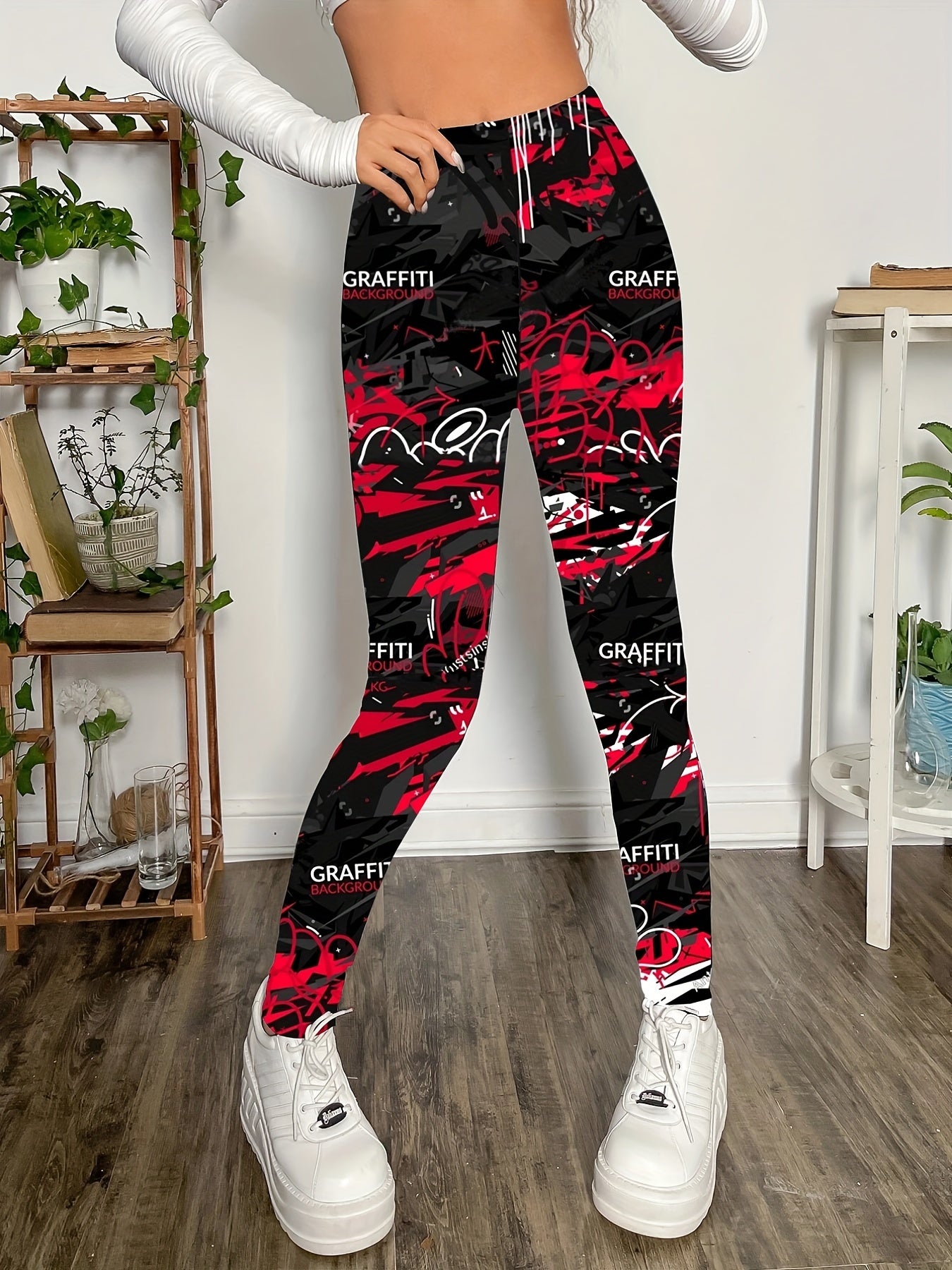 gbolsosGraffiti Print Skinny Leggings, Casual Every Day Stretchy Leggings, Women's Clothing