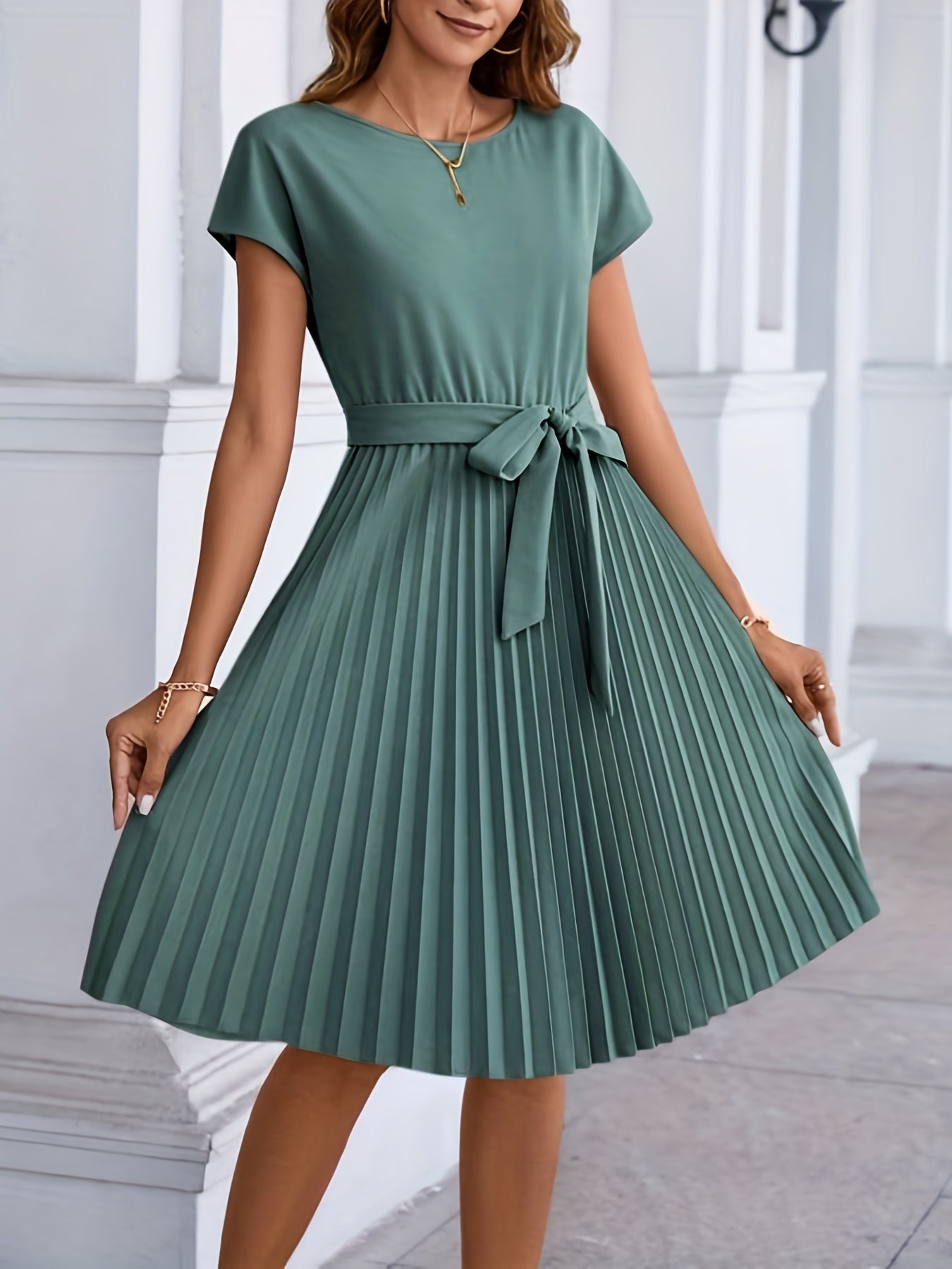 2025 gbolsos Pleated Tie Front Dress, Casual Short Sleeve Dress For Spring & Summer, Women's Clothing