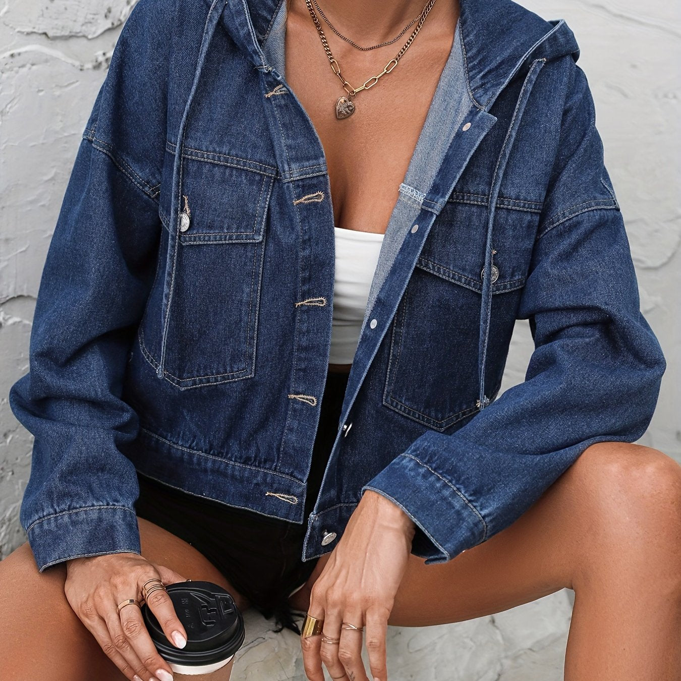 gbolsos Plain Hooded Cropped Denim Coats, Single-Breasted Button Long Sleeves Flap Pockets Denim Jackets, Women's Denim Clothing